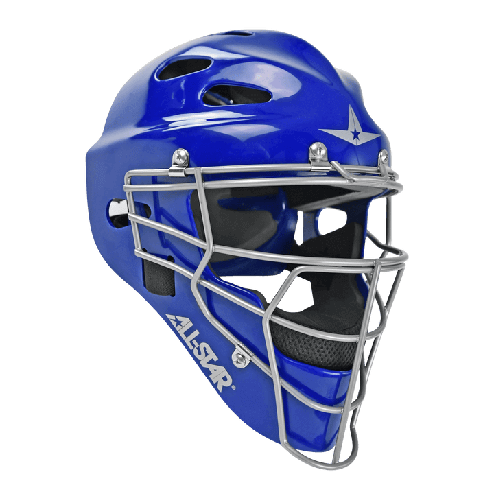 All-Star Top Star catcher's helmet in blue, featuring a professional mask design for youth players aged 9-12.