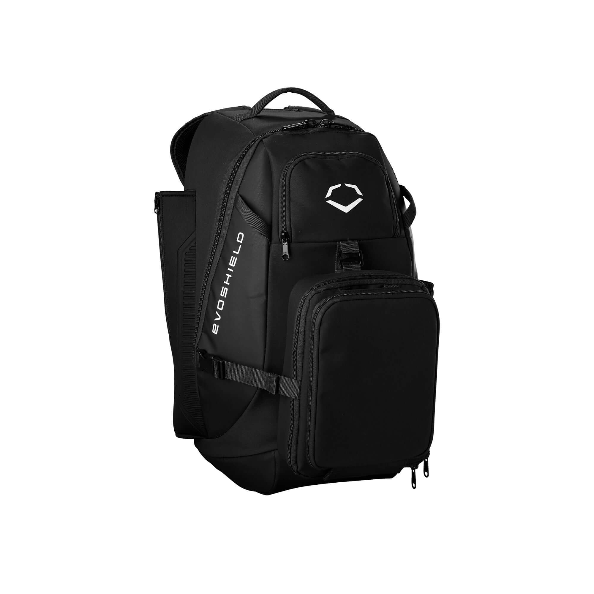 Evoshield Recruit Backpack in black, designed for sports gear with bat sleeves and durable, water-resistant construction.