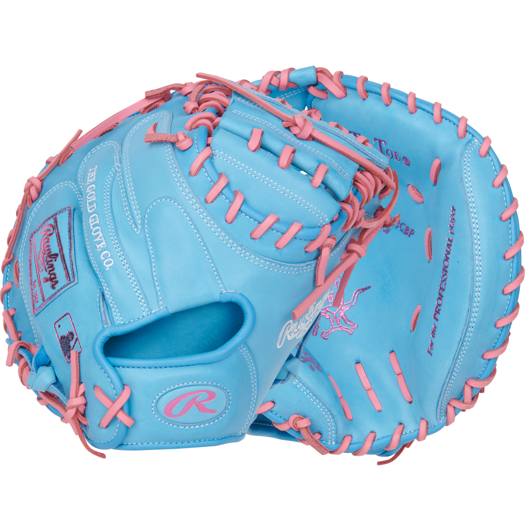 Back and palm view of Rawlings Heart of the Hide Catchers Mitt in Col. Blue/Pink