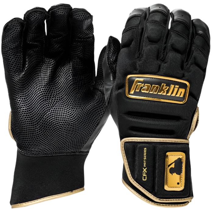 Franklin CFX Pro PRT Series Batting Gloves in Black and Gold, designed for enhanced protection and grip for baseball and softball players.
