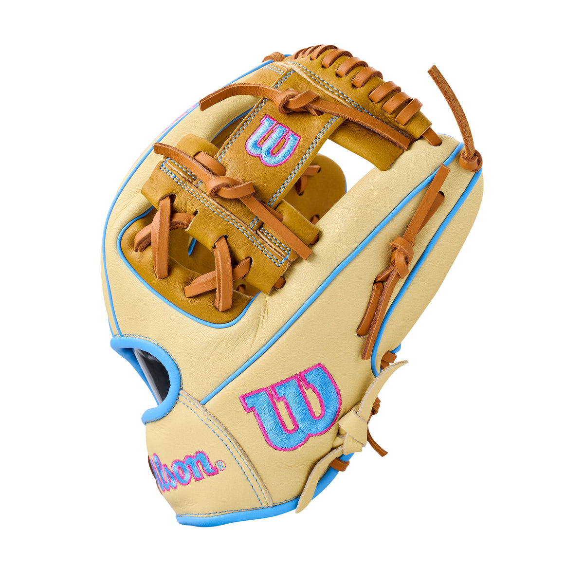 Wilson 2027 A1000 1786 11.5" Infield Baseball Glove in Saddle Tan, Blonde, Cool Blue leather, perfect for infield positions.