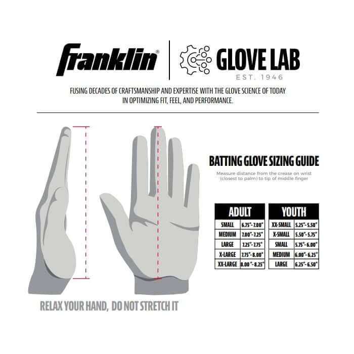 Franklin Batting Glove Sizing Guide for Adults and Youth with measurement instructions and visual hand representation.