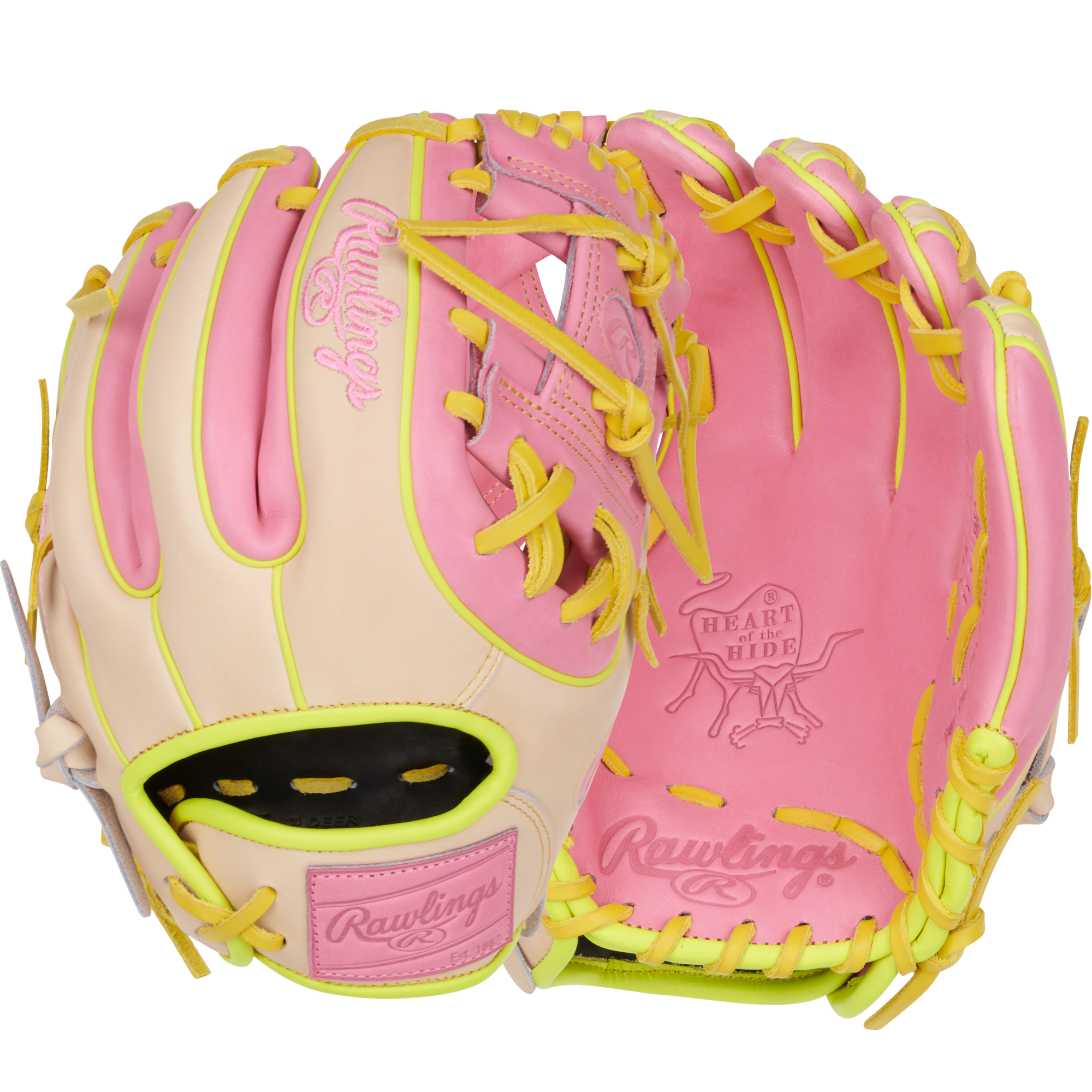 Back and palm view of Rawlings 11.25'' Heart of the Hide Infield Glove in camel with vibrant pink palm and yellow accents."