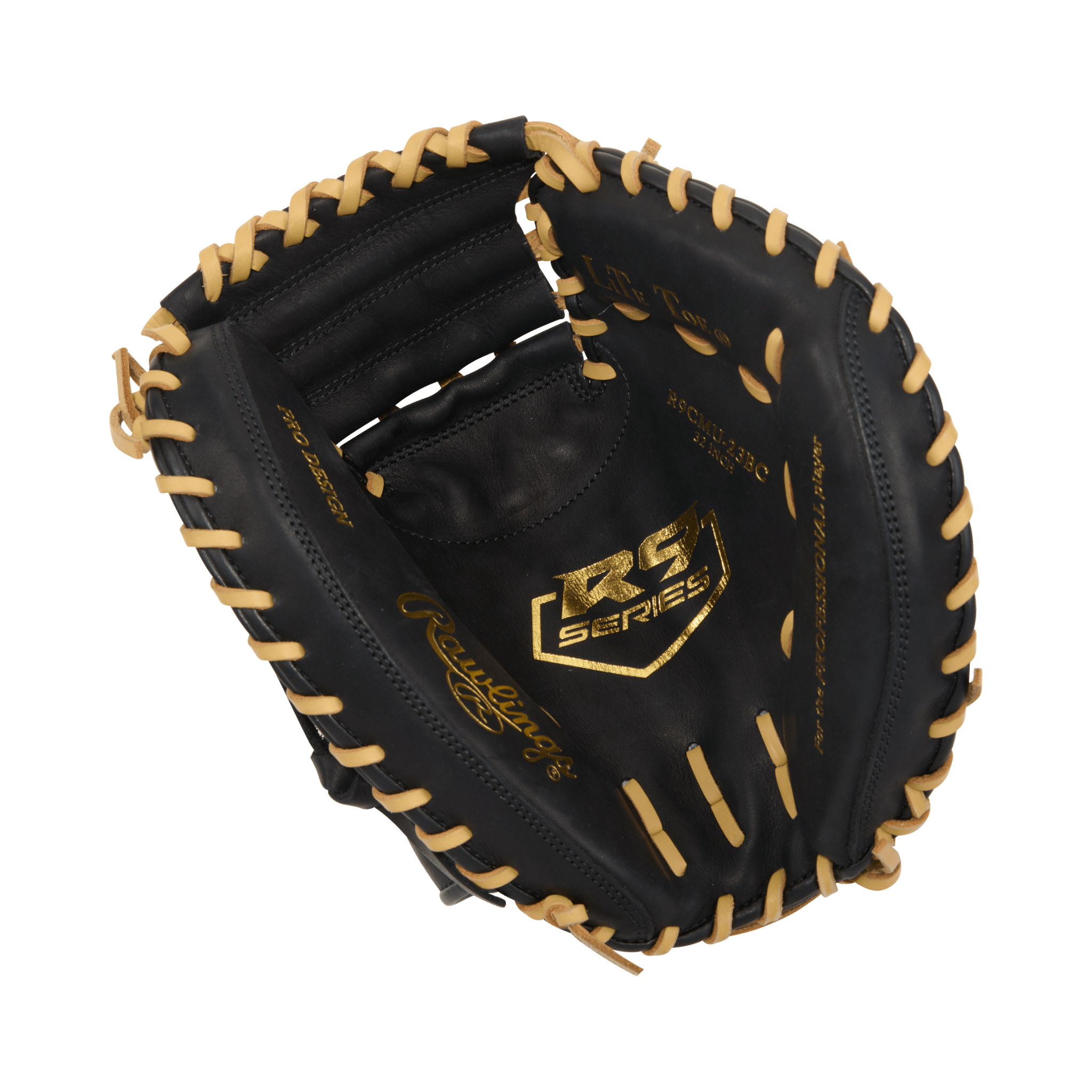 Rawlings R9 32" Catchers Mitt in black and camel, featuring durable leather and traditional design for optimal performance.