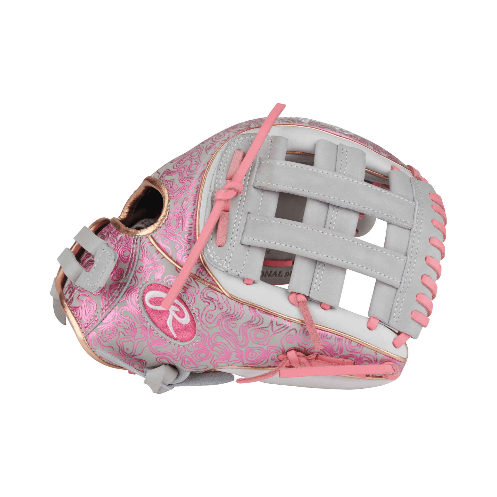 Side View of Rawlings Heart of the Hide Fastpitch Softball Glove 12.75" Camel/Navy, Thumb Detail.