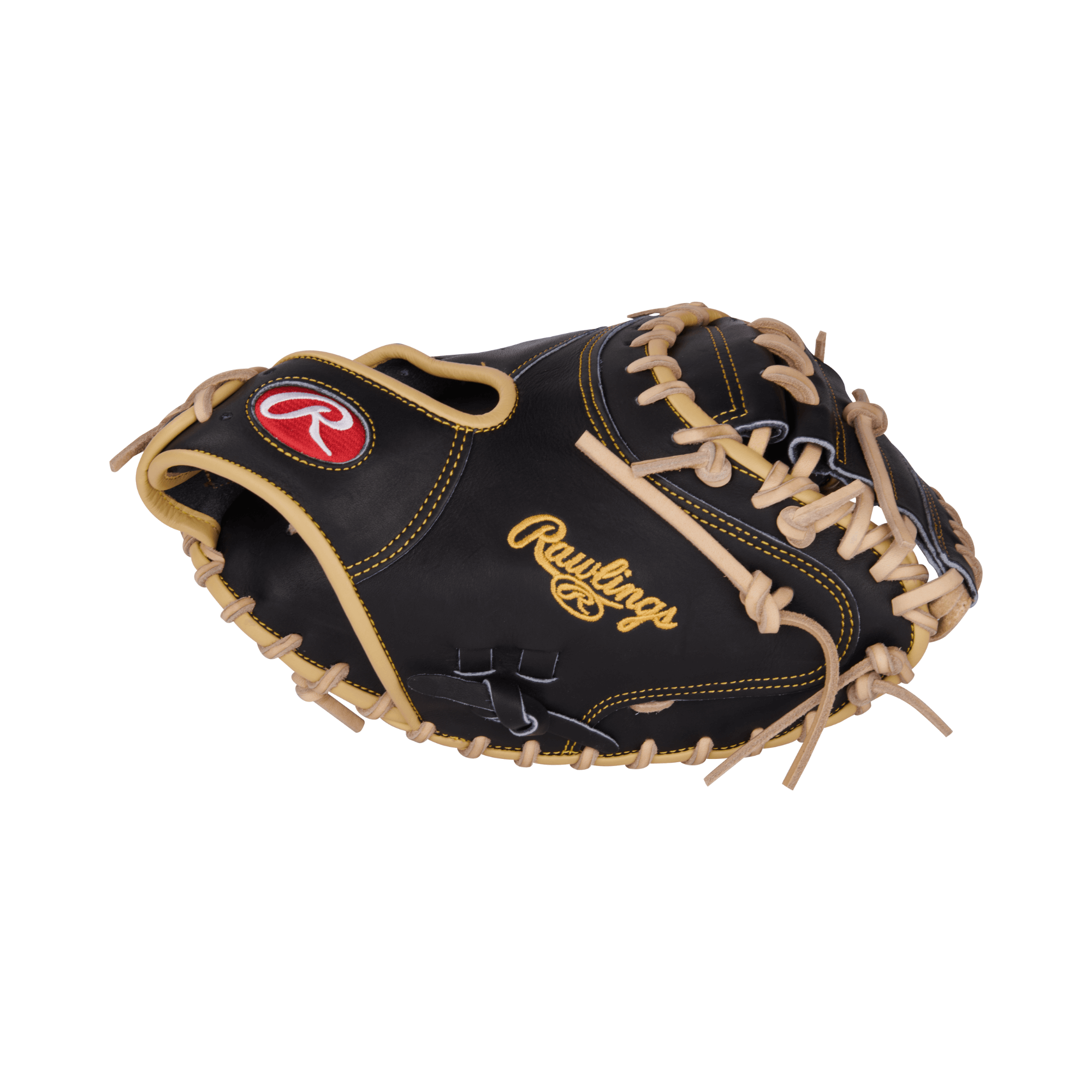 Rawlings Heart of the Hide A. Rutschman 34-inch black catcher's mitt with tan lacing and logo detail.