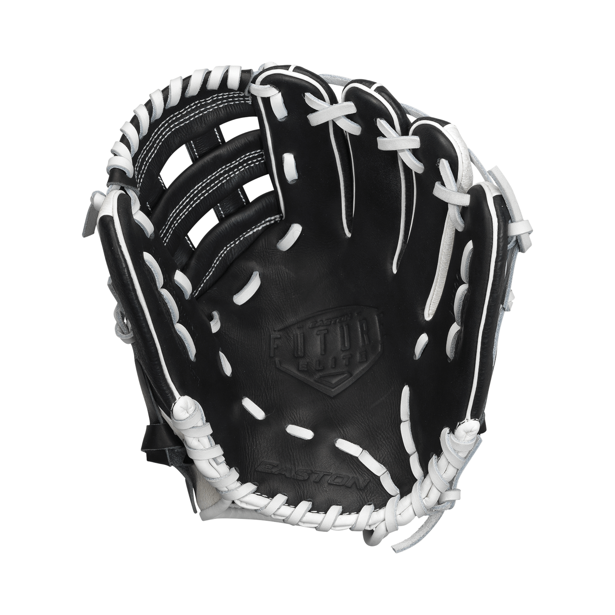 Easton FE1100 Future Elite 11" youth baseball glove in black and white with detailed stitching and logo.