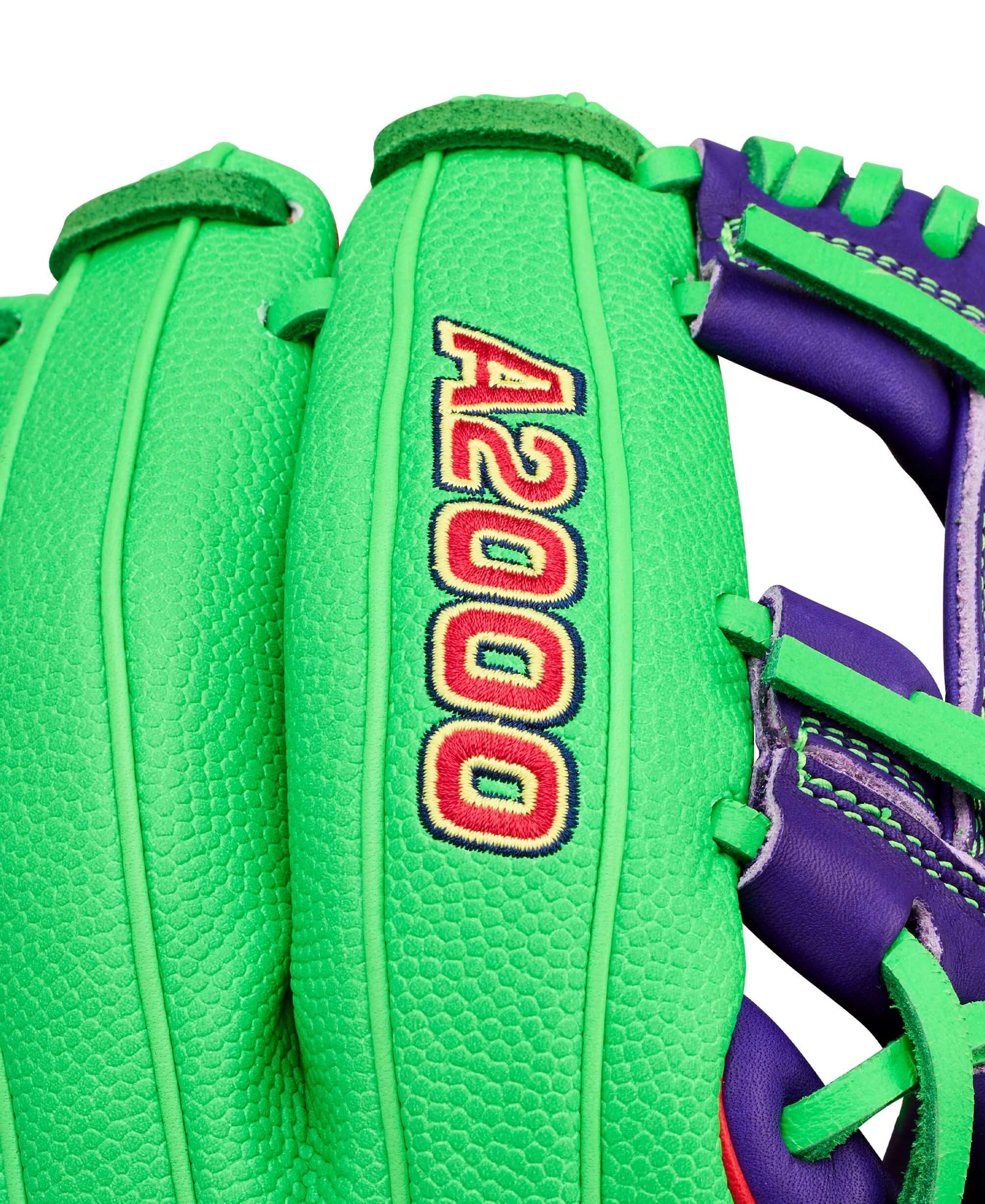 Backhand view of Wilson Swingin’ Sour Apple A2000 1786 11.5" Infield Baseball Glove showing purple lacing and A2000 logo