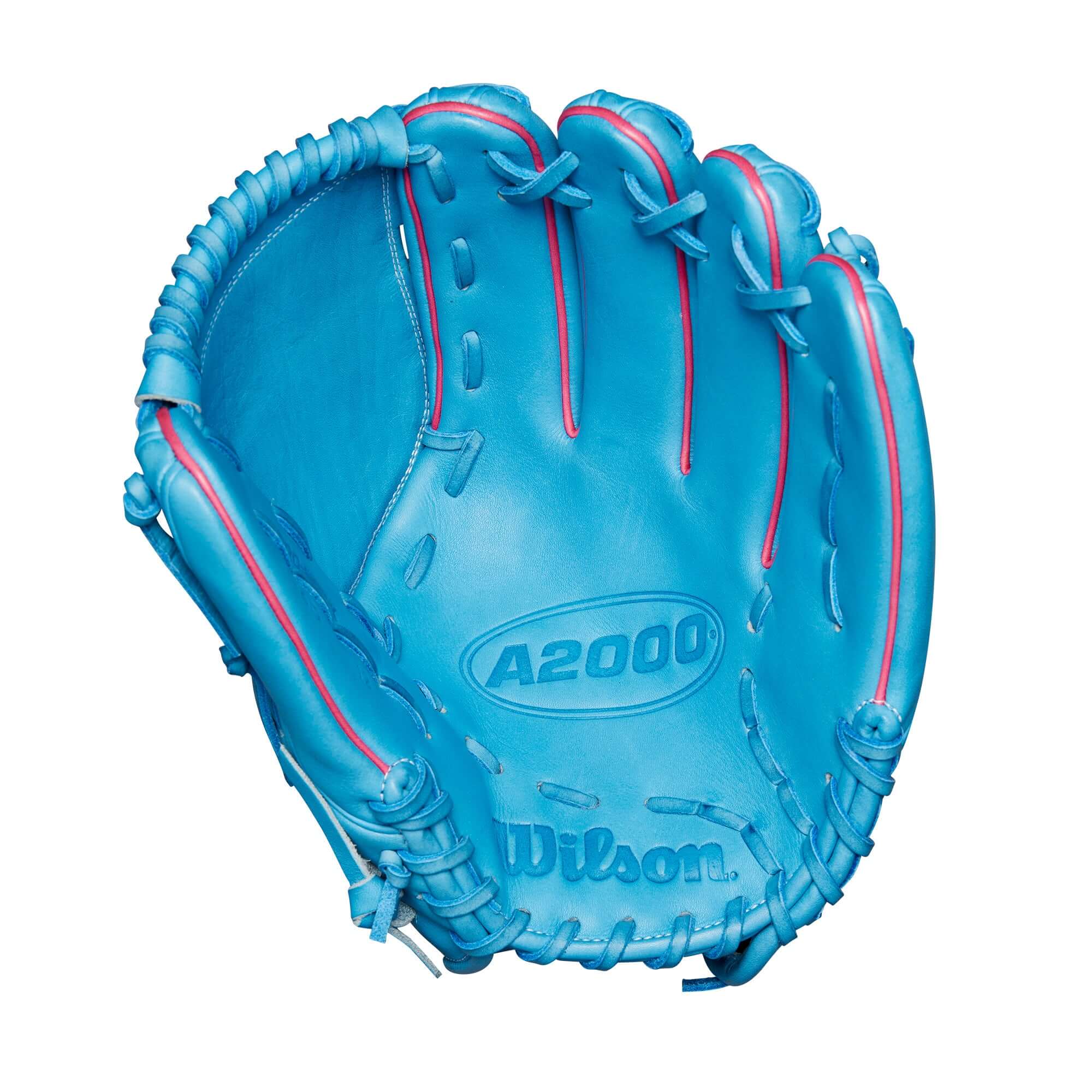 Wilson A2000 B23 glove in Sky Blue with Flamingo Pink accents, featuring a modified wrist strap and One-Piece Swordsman Web.