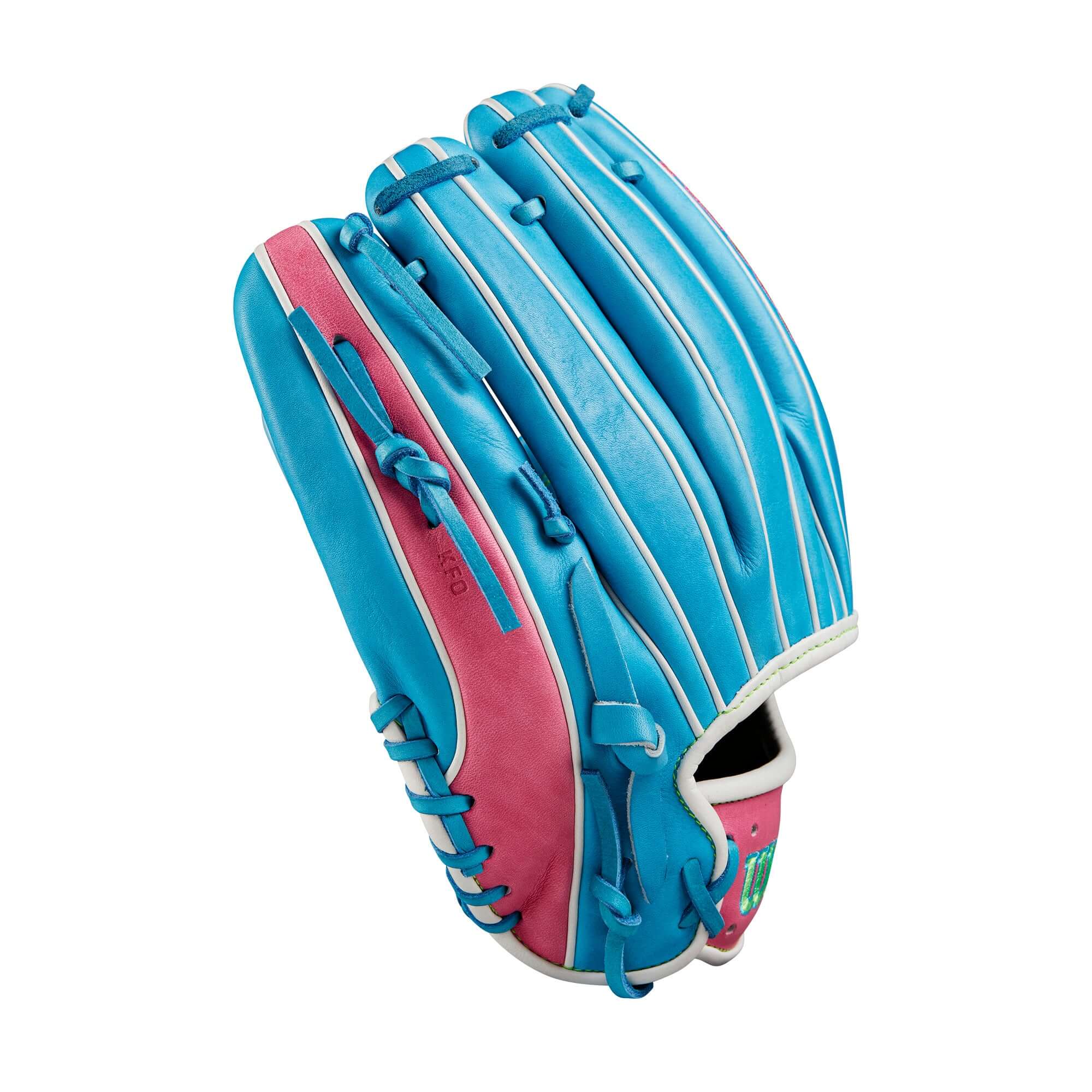 Wilson Fall 2024 A2000 1785 sky blue infield baseball glove with flamingo pink lace, 11.75" size.