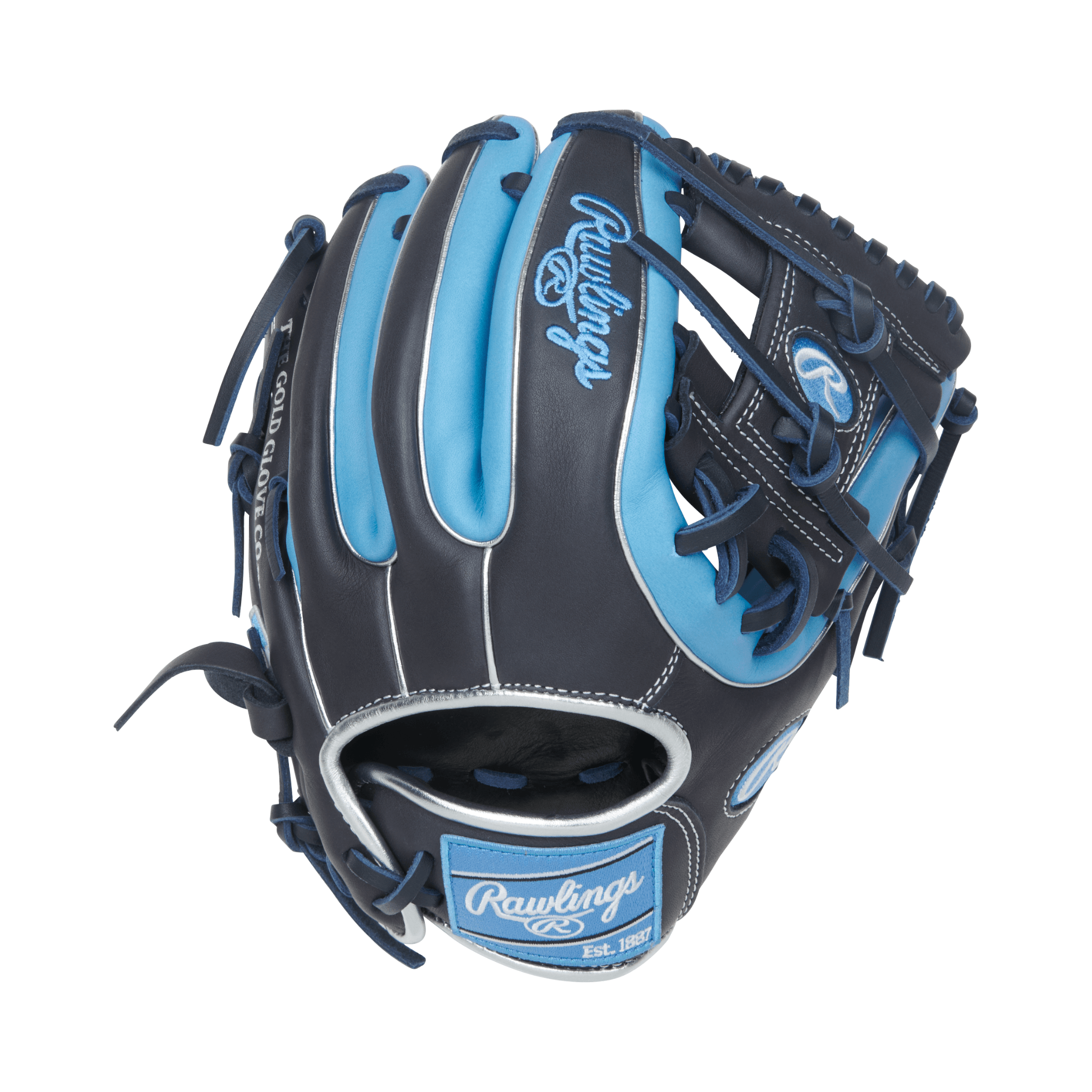 Back of Rawlings NXT 11.25" glove featuring Columbia Blue and Navy colorway, Pro I Web, and conventional back