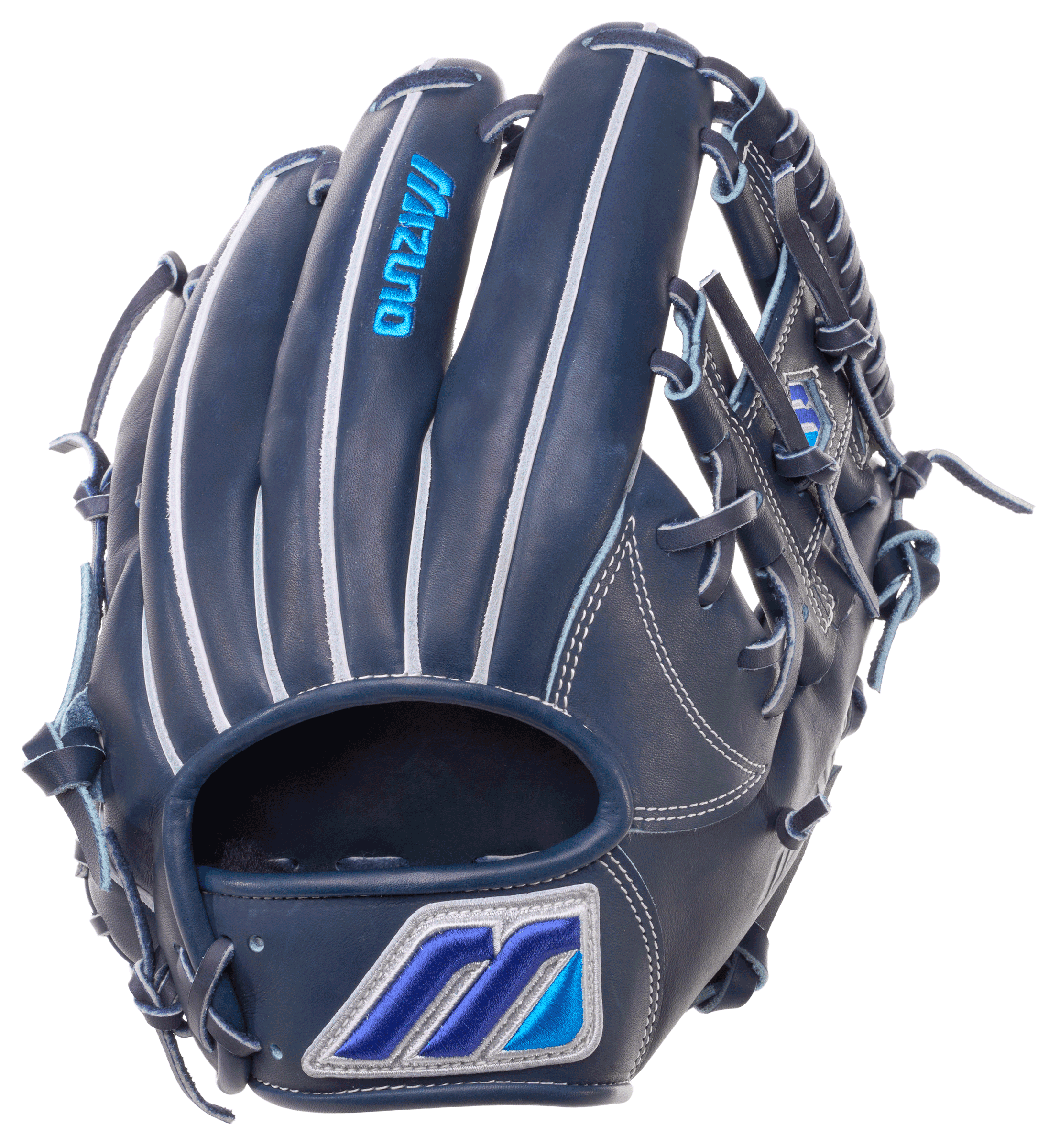 Backhand view of Mizuno GMP-120MM 120th Monogram M 11.5" Baseball Glove, navy with blue logo patch, grey lacing.