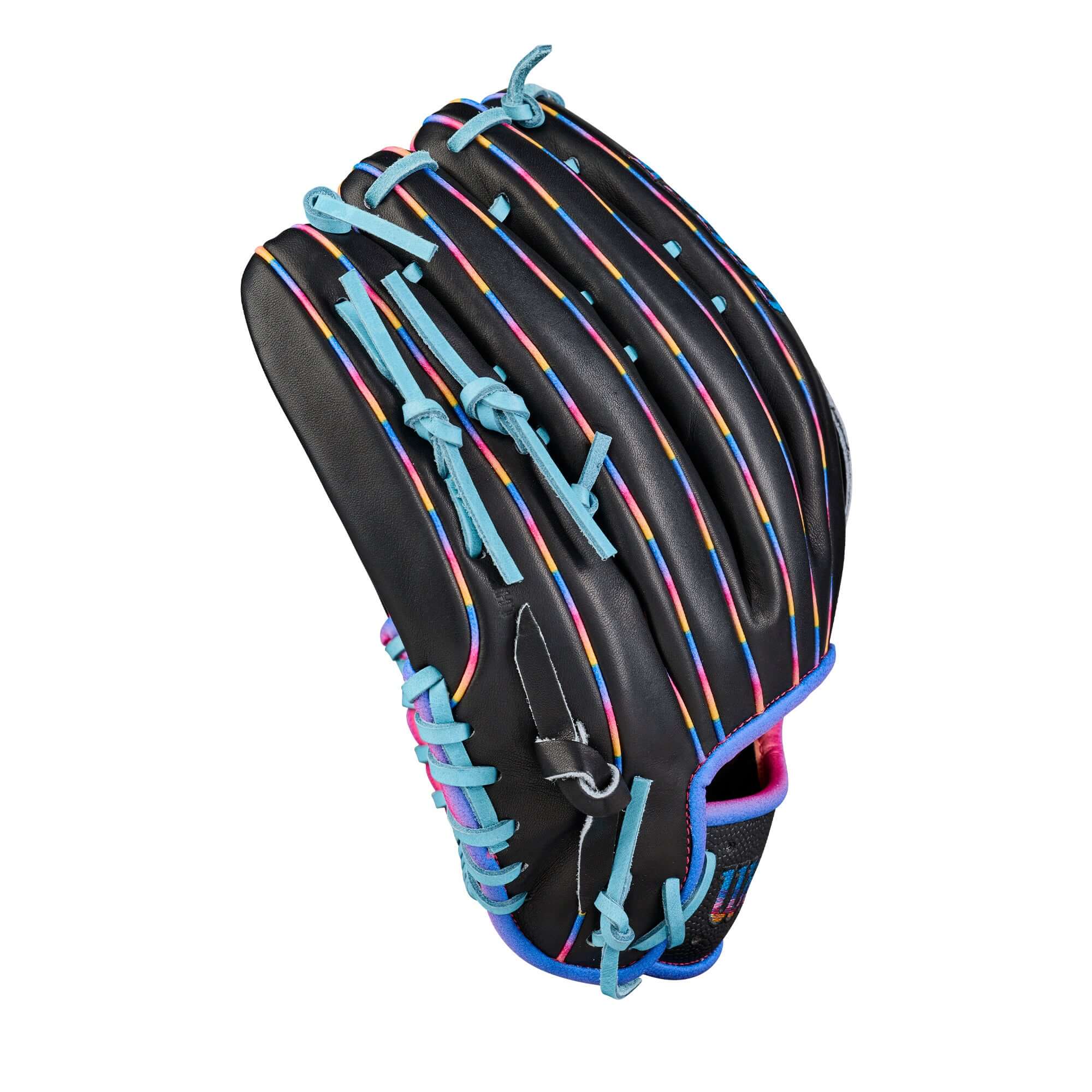 Wilson 2026 Love the Moment 1750 12.5” Outfield Baseball Glove LHT, black with colorful laces, backhand view