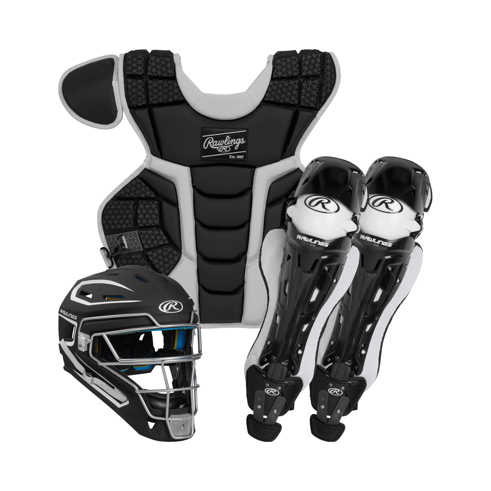 Rawlings Mach Intermediate Catchers Kit featuring helmet, chest protector, and leg guards for optimal performance and comfort.