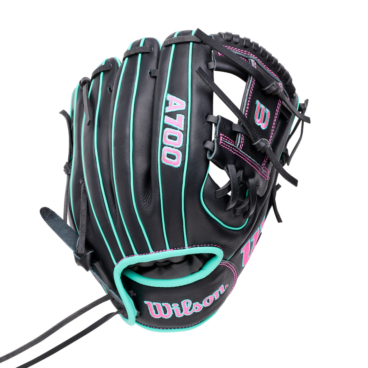 Wilson 2027 A700 11.25” infield baseball glove with black and teal design, ideal for young players seeking lightweight and comfortable fit.