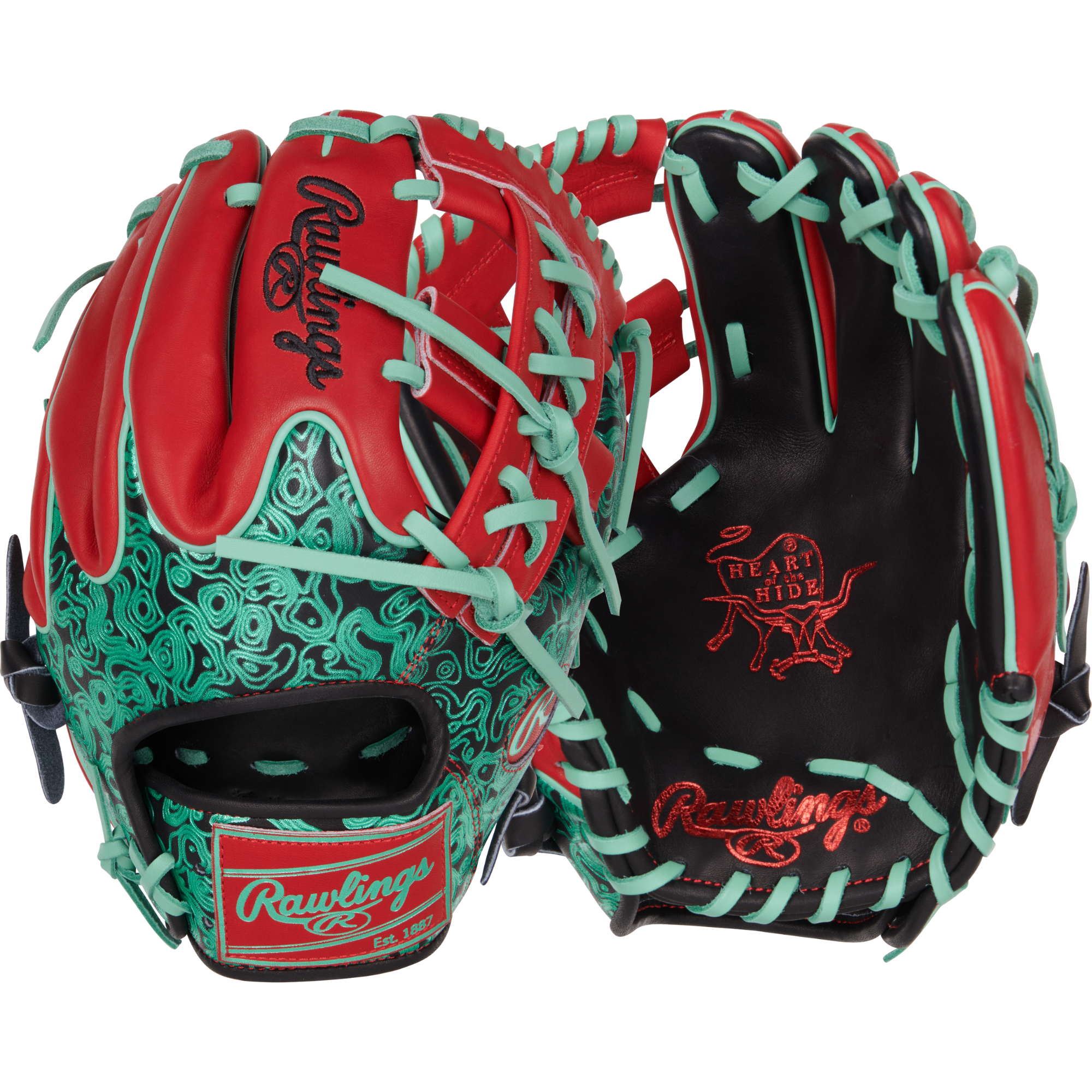 Back and palm view of Rawlings 11.5'' Colorsync Infield Glove featuring mint geoprint on black leather with red accents.