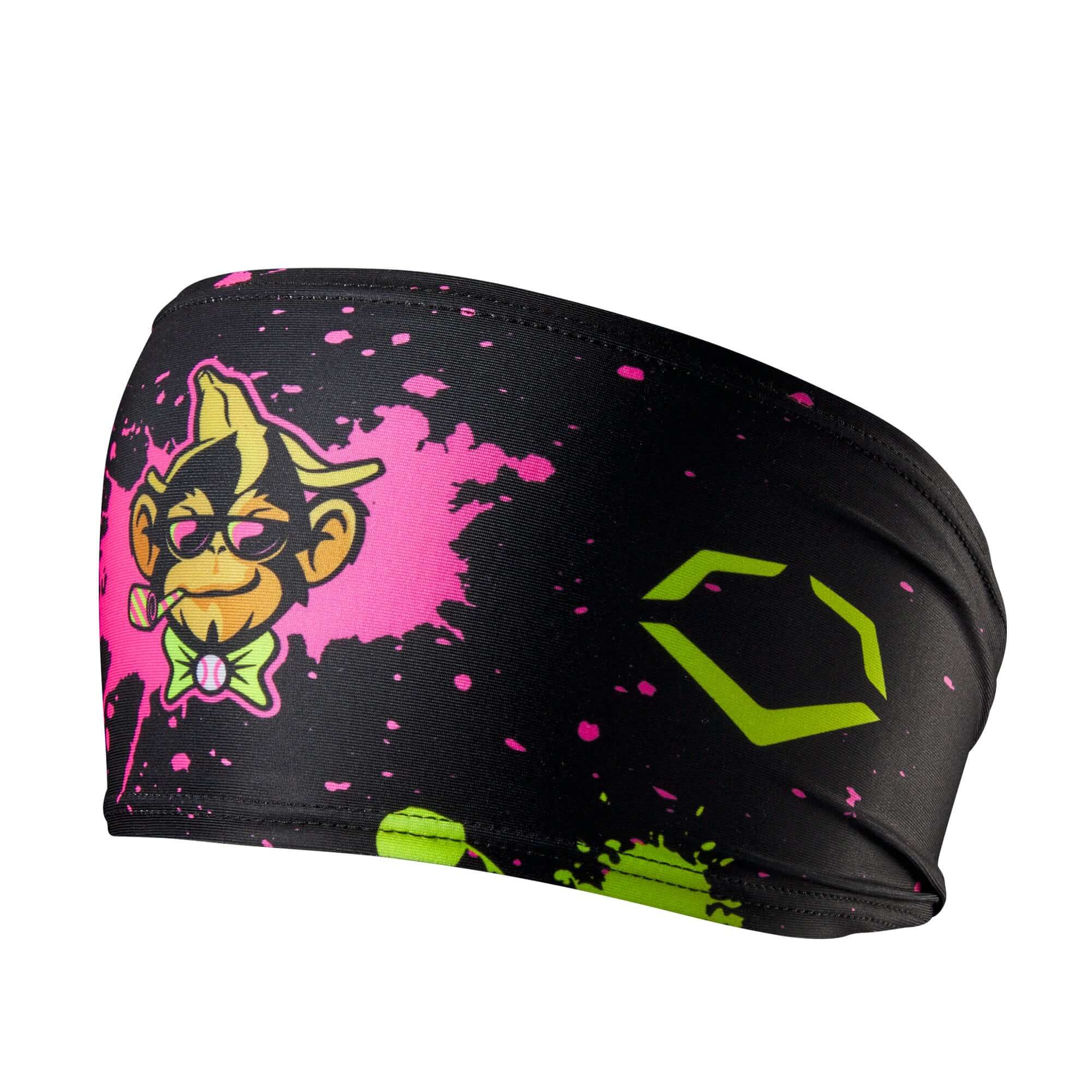 Evoshield Party Animals headband in paint splatter black with colorful monkey design, perfect for sports and casual wear.