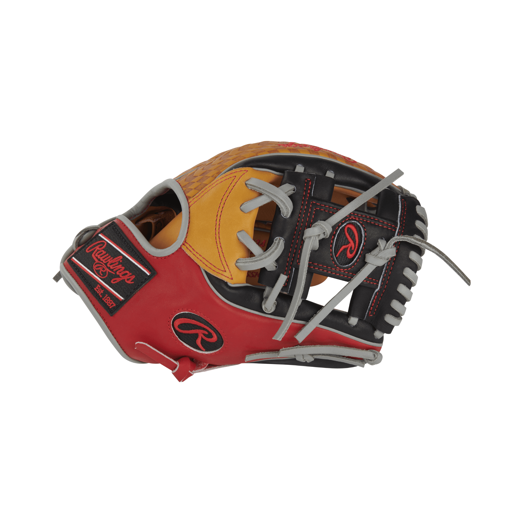 Rawlings Heart Of The Hide Color Sync 8.0 limited edition baseball glove in tan, black, and red, 11.5 inches RHT.