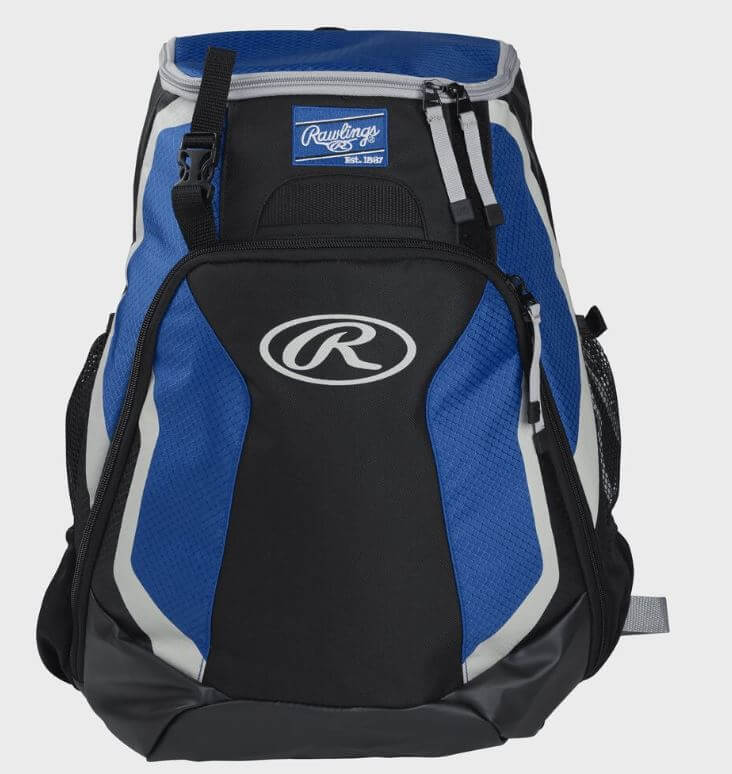 Front view of Rawlings Players Backpack in blue and black with logo and zippered compartments.