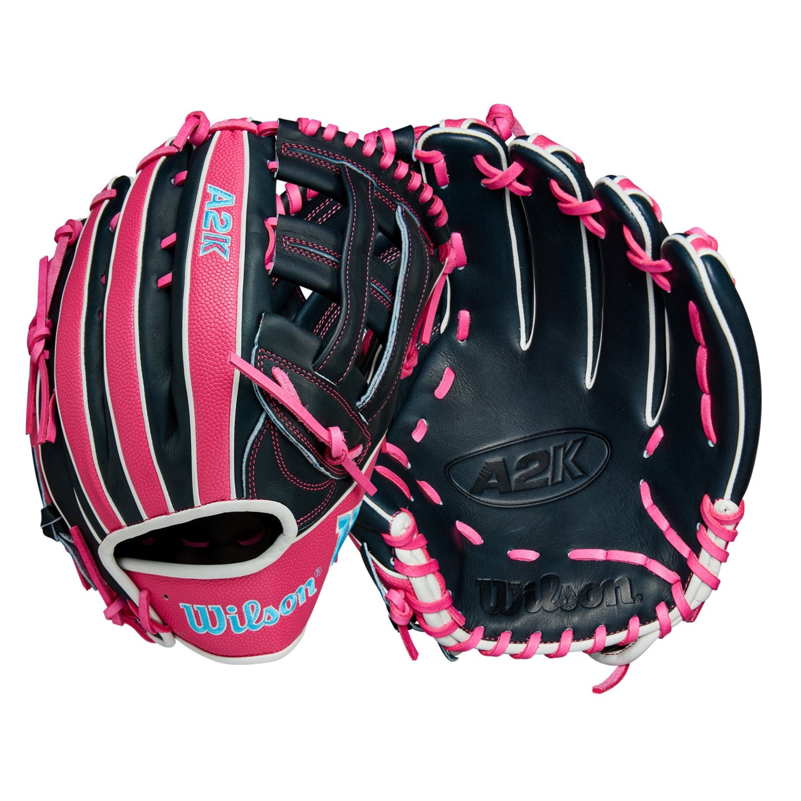 Back and palm view of Wilson A2K 1750 12.5'' Outfield Glove with Navy Pro Stock® Select leather and Flamingo Pink SuperSkin™