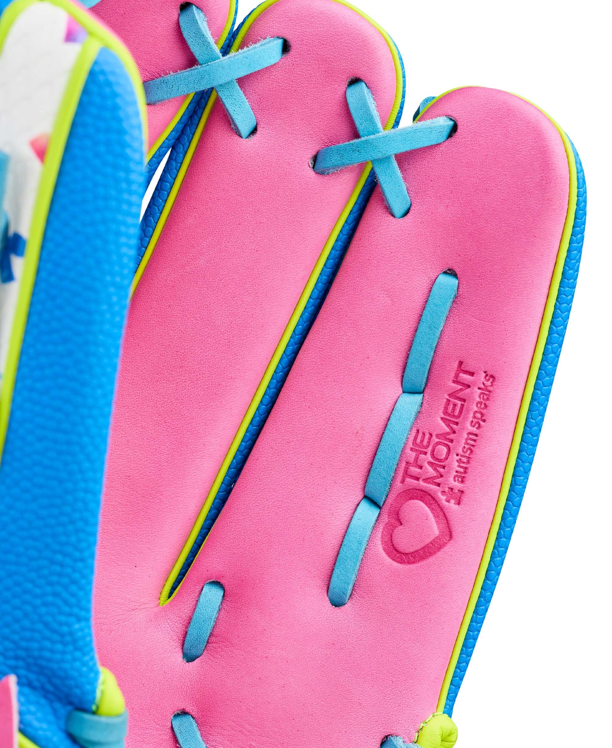 Wilson 2026 Love the Moment A2000 1777 glove palm view, pink with blue lacing, embossed logo visible