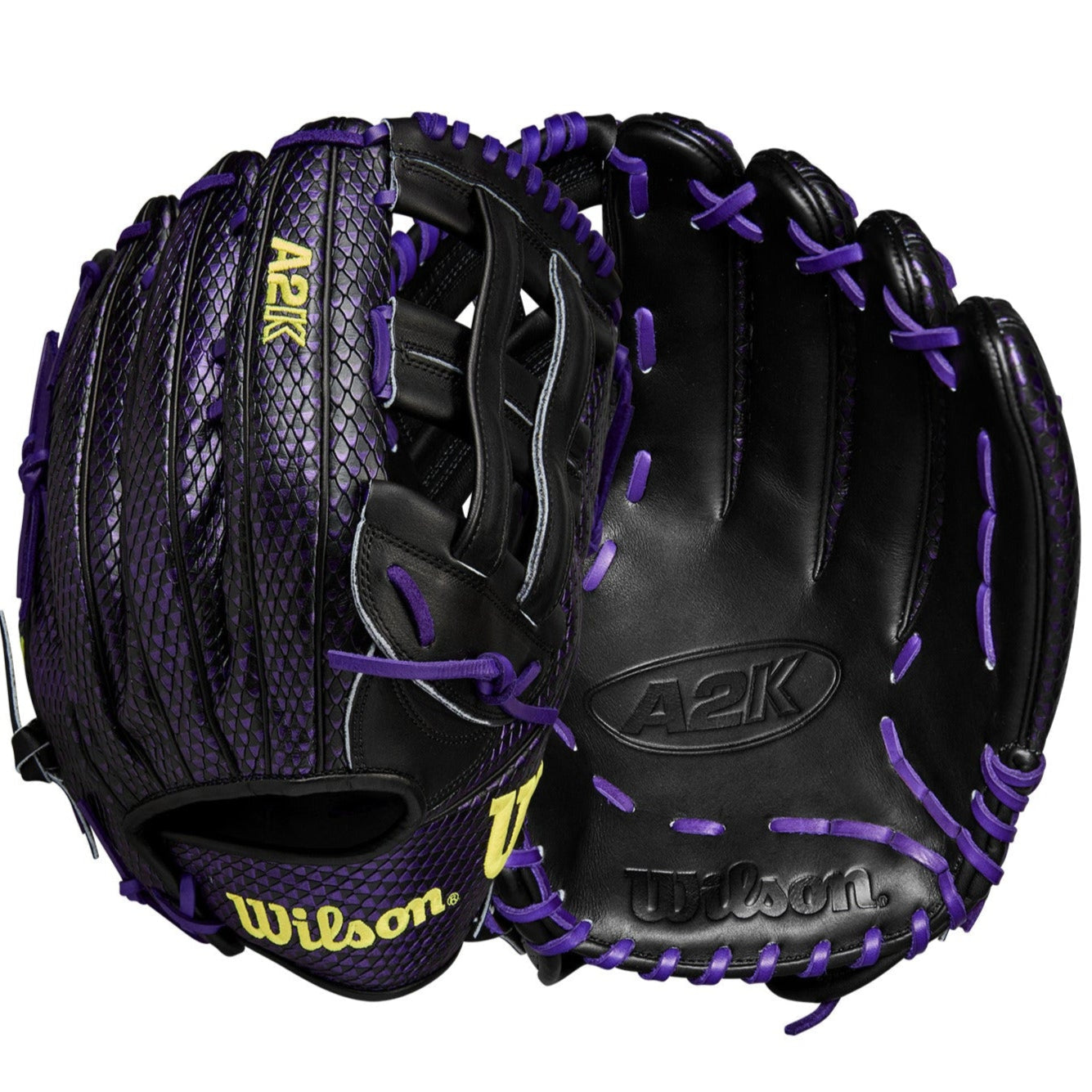 Back and palm view of Wilson A2K BD9 12.75'' Outfield Glove in Black/Purple with premium Pro Stock® Select leather.
