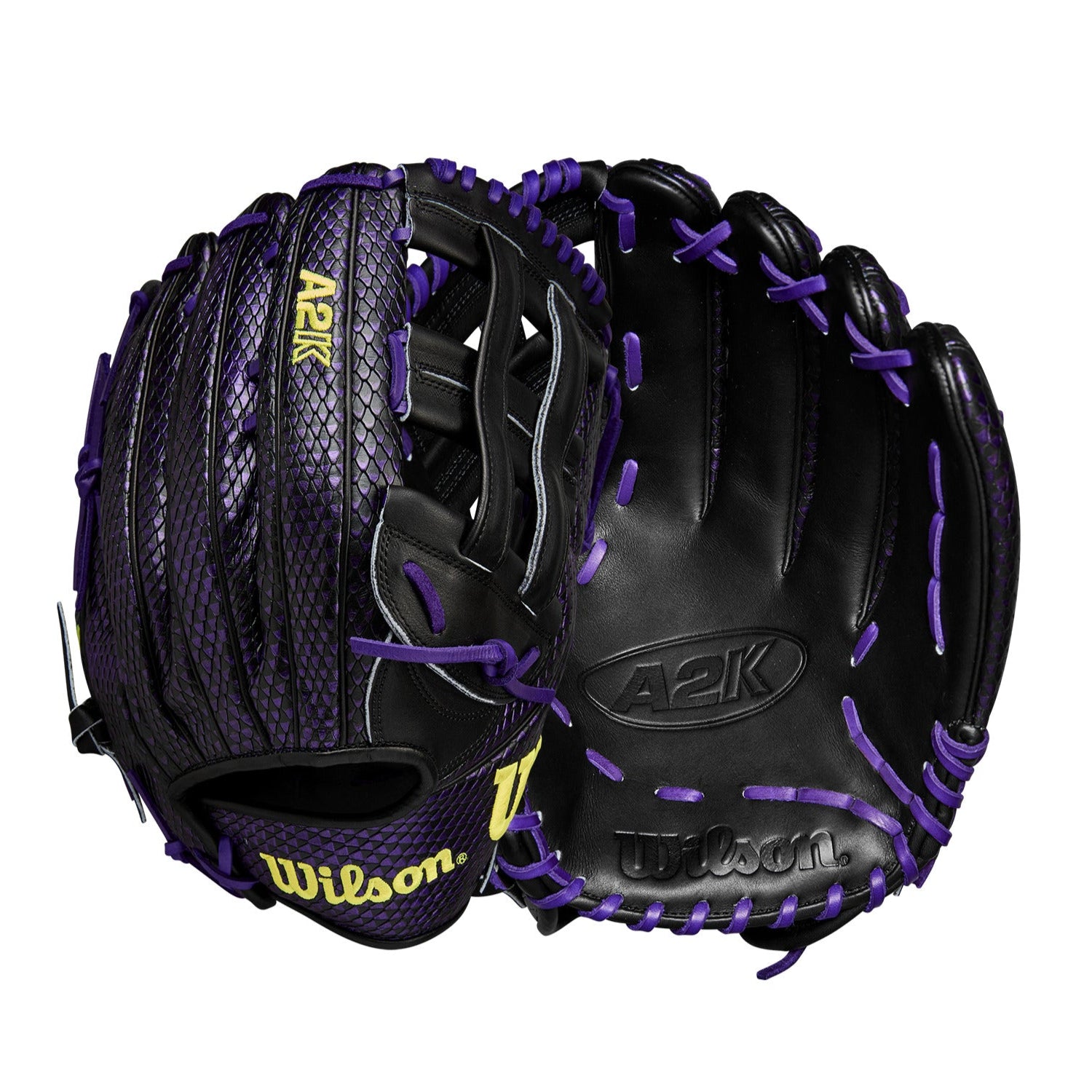 Back and palm view of Wilson A2K BD9 12.75'' Outfield Glove in Black/Purple with premium Pro Stock® Select leather.