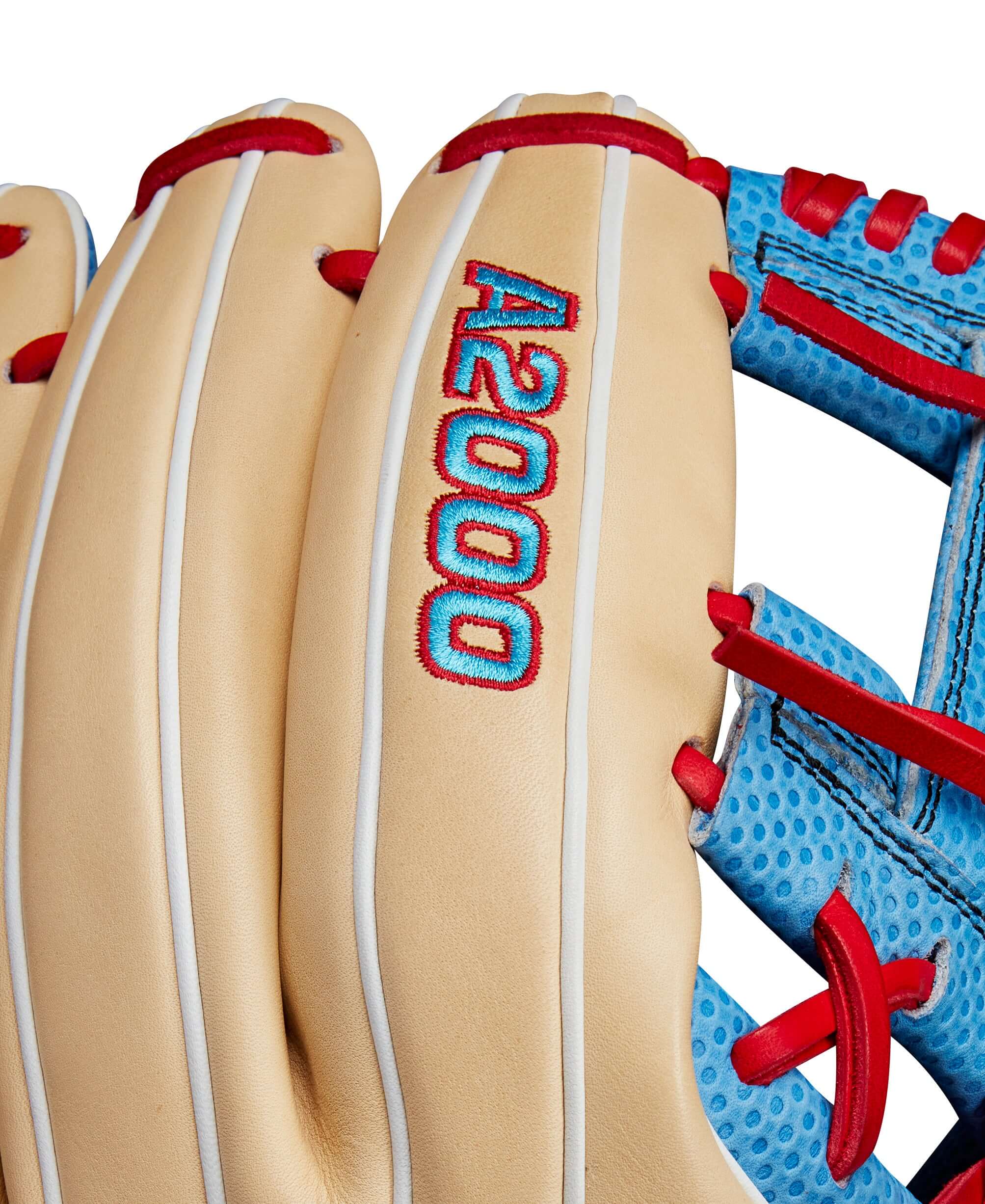 Close-up of Wilson A2000 Fall 2024 infield baseball glove featuring blonde and sky blue colors.