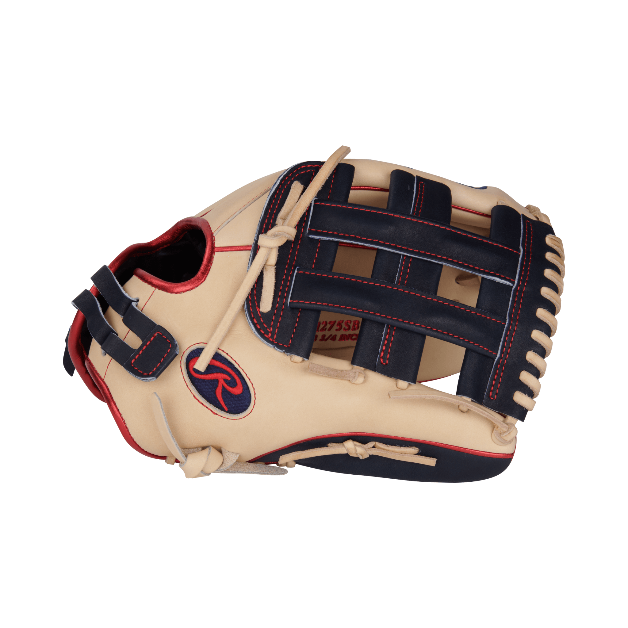 Rawlings 12.75-inch baseball mitt in camel and navy leather, featuring a padded thumb sleeve and Pro-H webbing for durability.