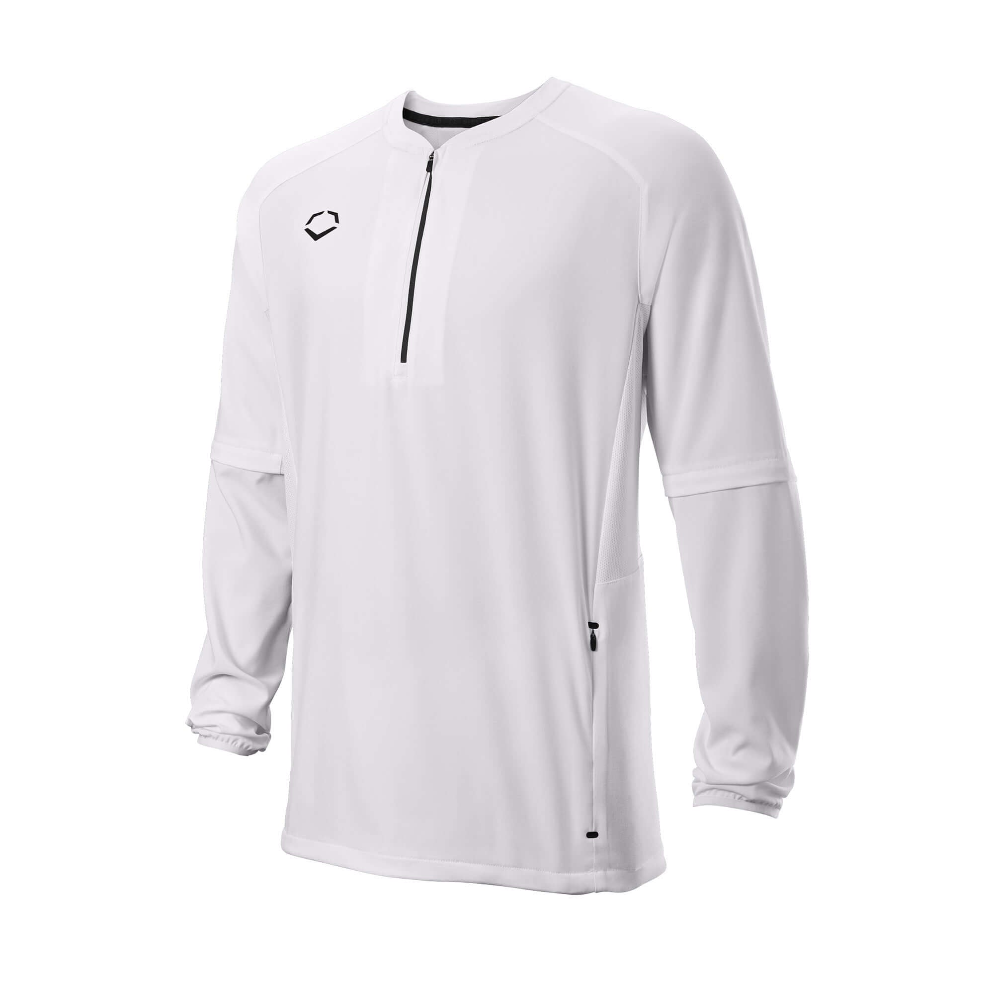 Evoshield Adult Long Sleeve BP Jacket Team White, front side with removable sleeves and black zipper.