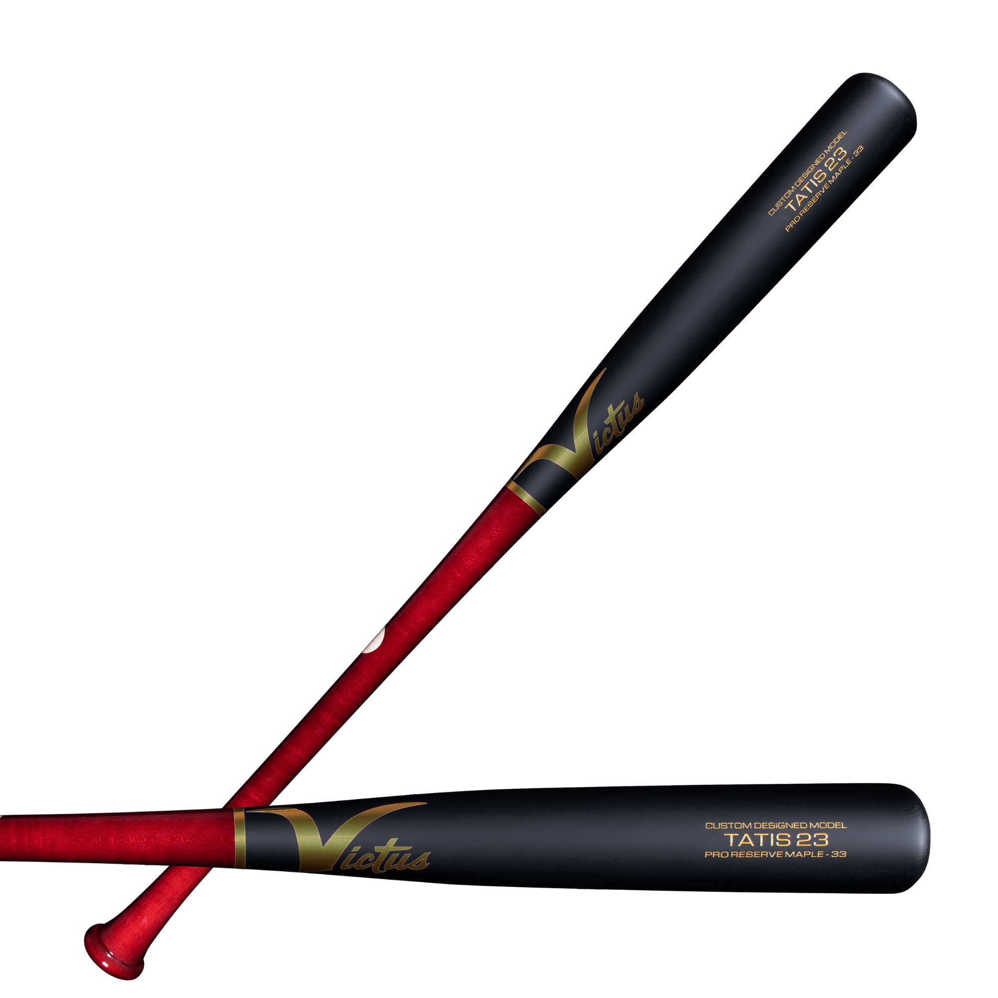 Victus Tatis23 Cherry/Flat Black Maple Pro Reserve bat with flared knob and medium handle, glossy design.
