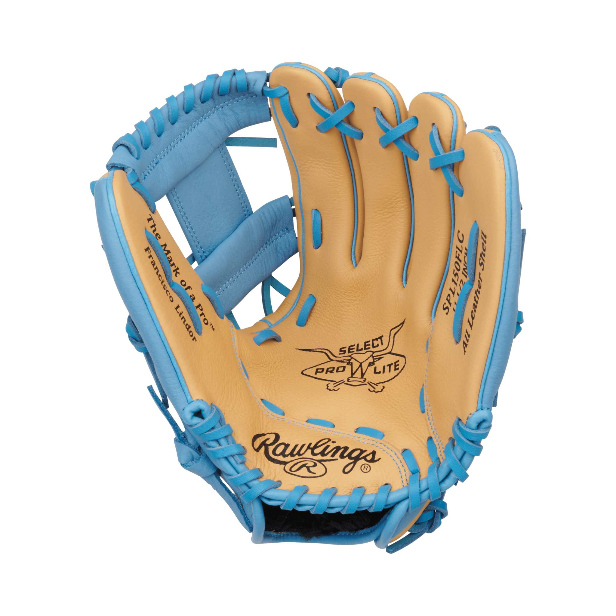 Rawlings Select Pro Lite Series Francisco Lindor Youth 11.5" baseball glove in blue and tan colors.