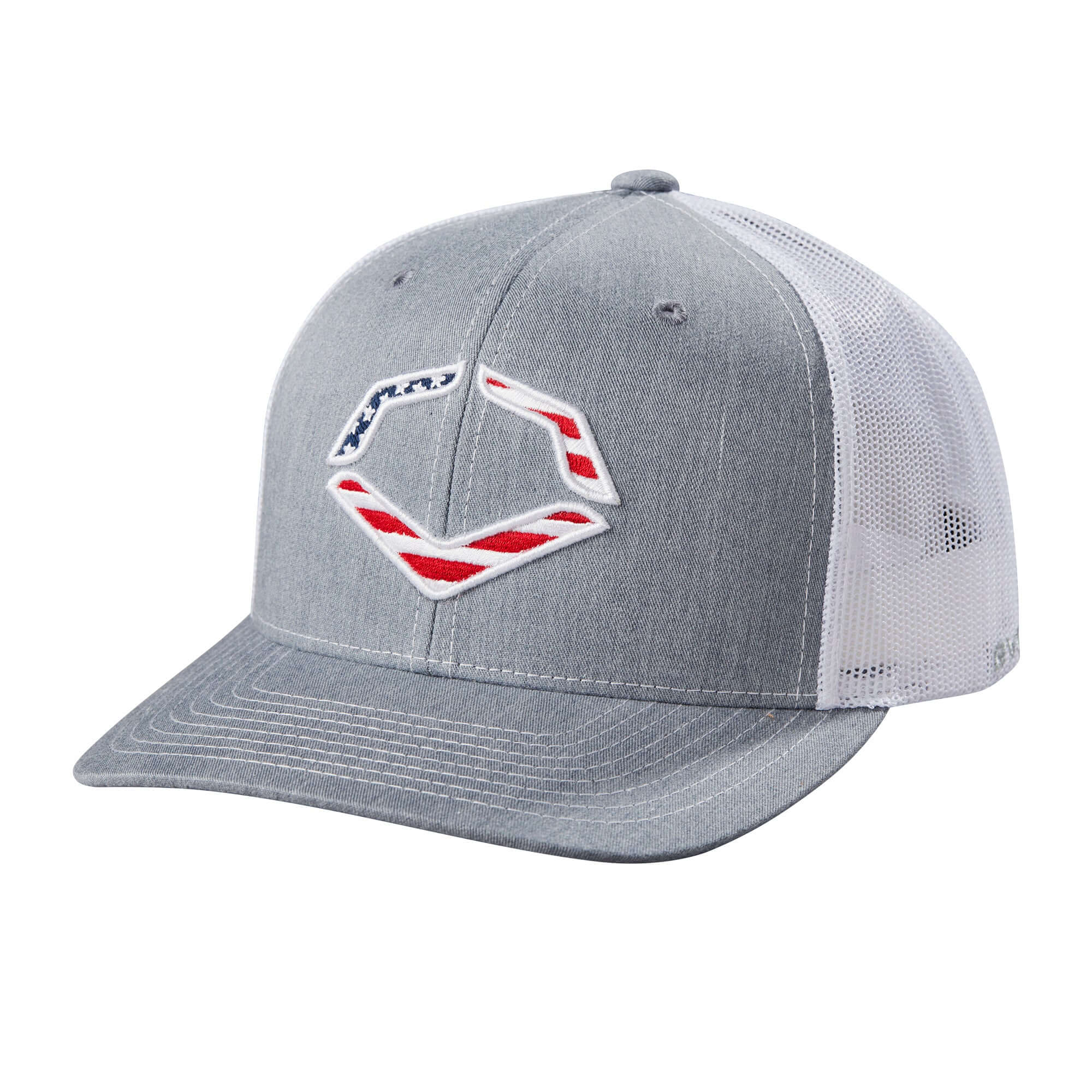 Evoshield USA Trucker Snapback hat with American flag logo and breathable mesh back for comfort.