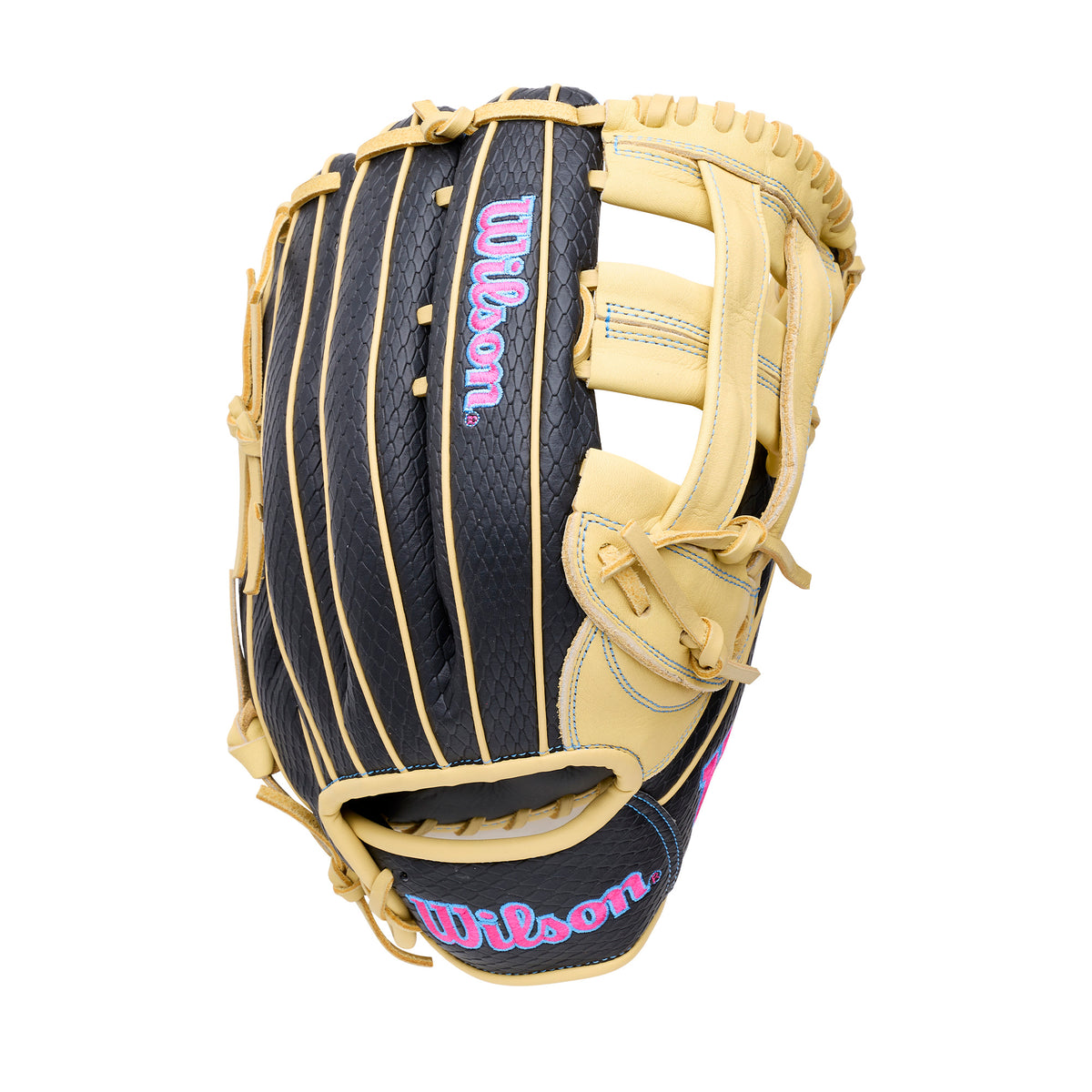 Wilson 2027 A1000 1750SS 12.5” Outfield Baseball Glove in Blonde, Black, Flamingo Pink for right-hand throwers.