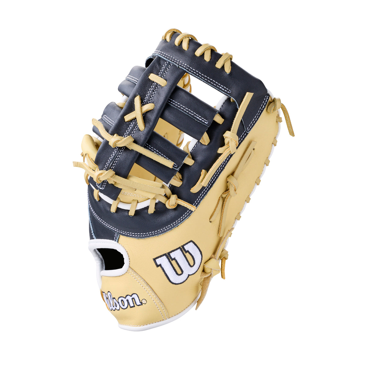 Wilson 2027 A1000 PF1612 12 First Base Mitt LHT in yellow and black leather with Wilson logo, designed for smaller hands.