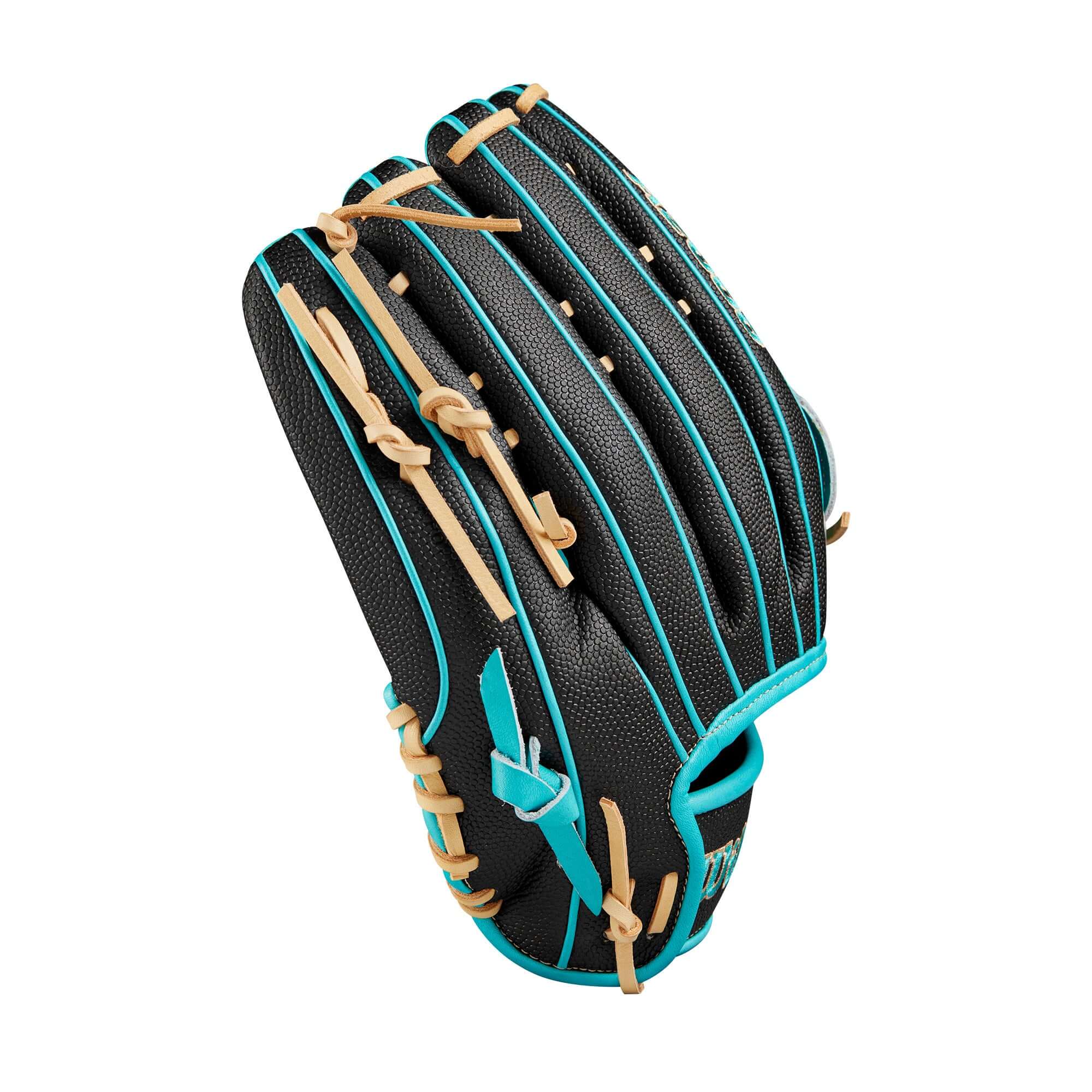 Wilson A2000 PF50SS outfield baseball glove in black and teal, featuring Pedroia Fit Technology for a secure feel.
