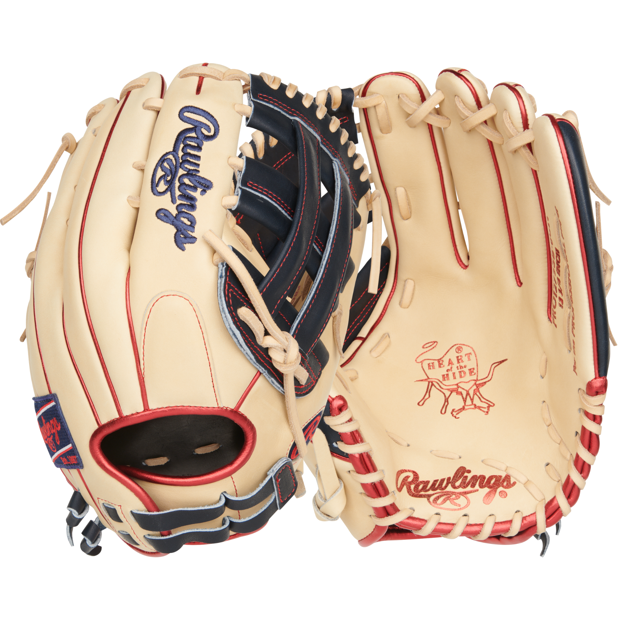 Rawlings 12.75-inch baseball mitt with camel and navy leather, featuring red and blue stitching and a Pro-H webbing design