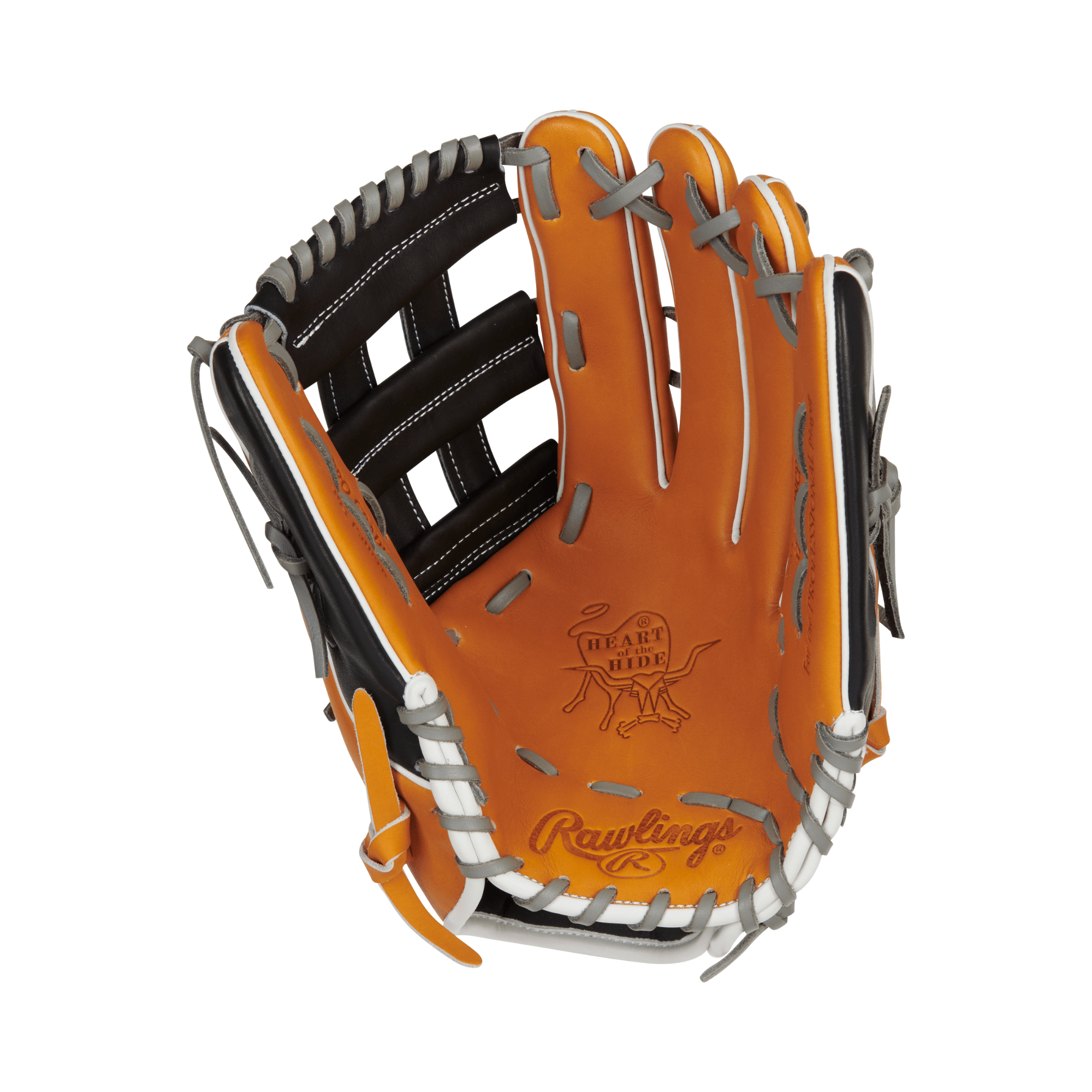 Rawlings Gold Glove Club RGGC heart of the hide 12.75 inch outfield glove in orange and black with deep pocket design.