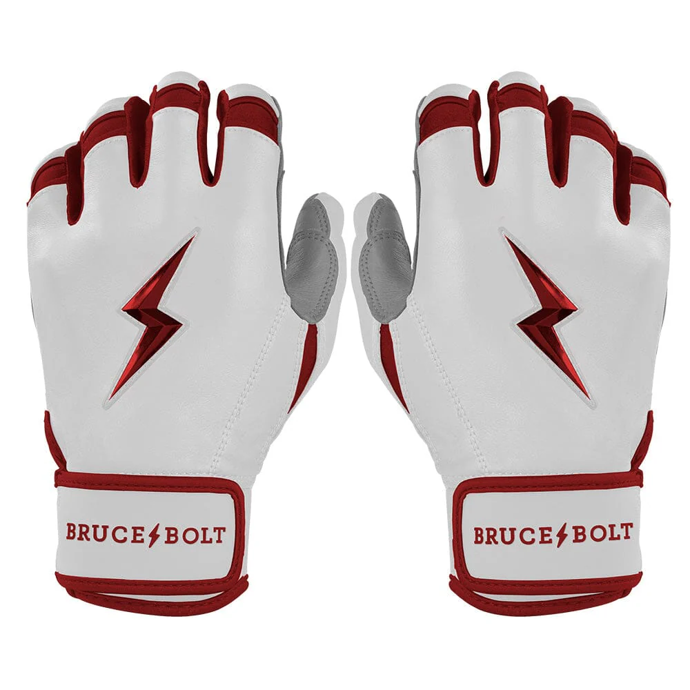 Main image of Bruce Bolt Youth Premium Pro Chrome Short Cuff Batting Gloves Maroon on both hands