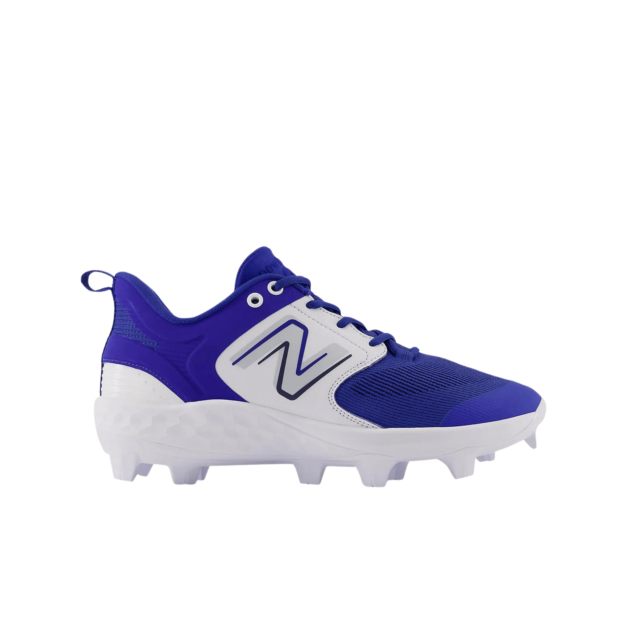 New Balance Fresh Foam 3000 v6 Molded baseball shoes in blue and white, designed for comfort and performance on the field.