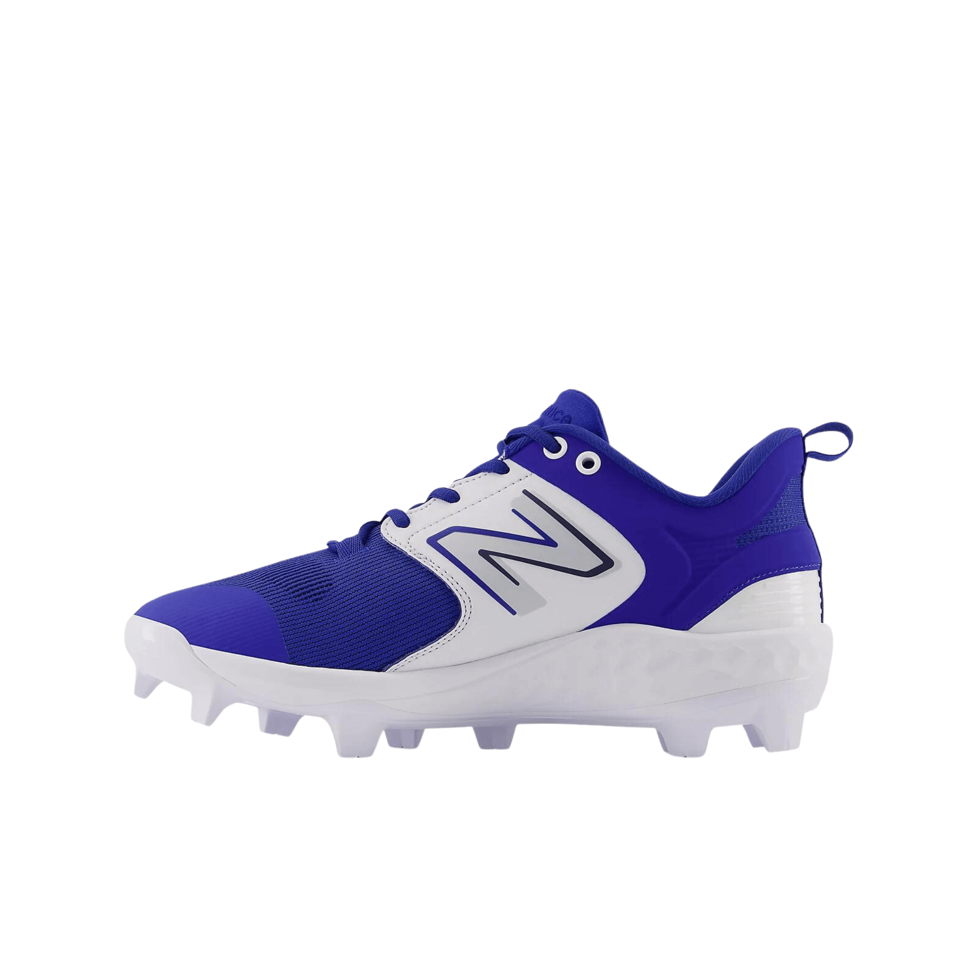 New Balance Fresh Foam 3000 v6 Molded baseball cleats in blue and white, featuring a sleek design for optimal comfort and performance.
