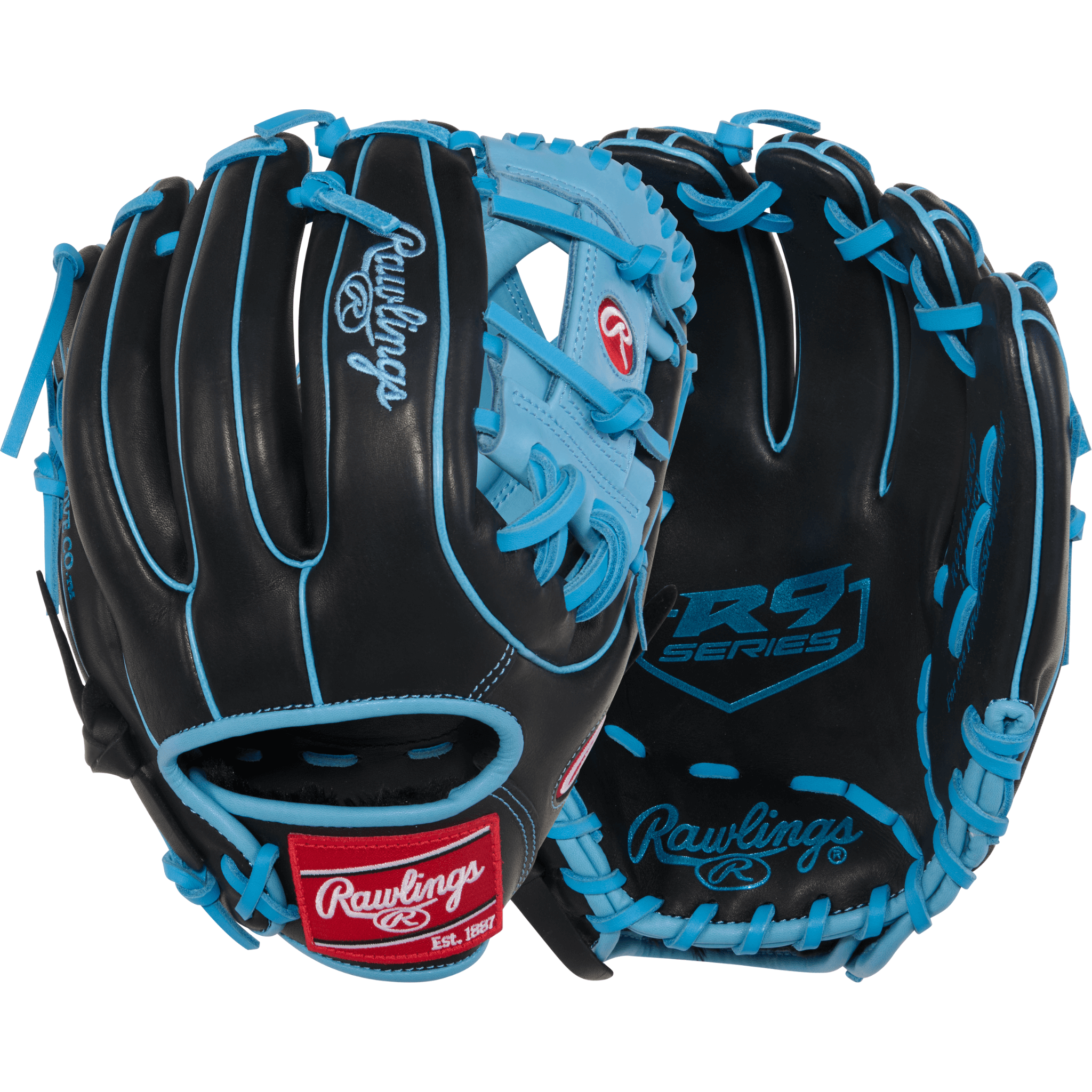 Rawlings R9 Baseball Series 11.5" infield glove in black with Columbia blue accents for right-handed players.