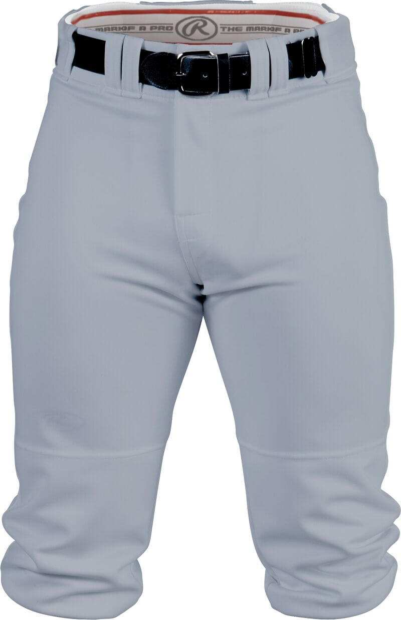 Rawlings YP150K Youth Premium Knee High Pant in light gray with a gripper elastic waistband and zipper fly.