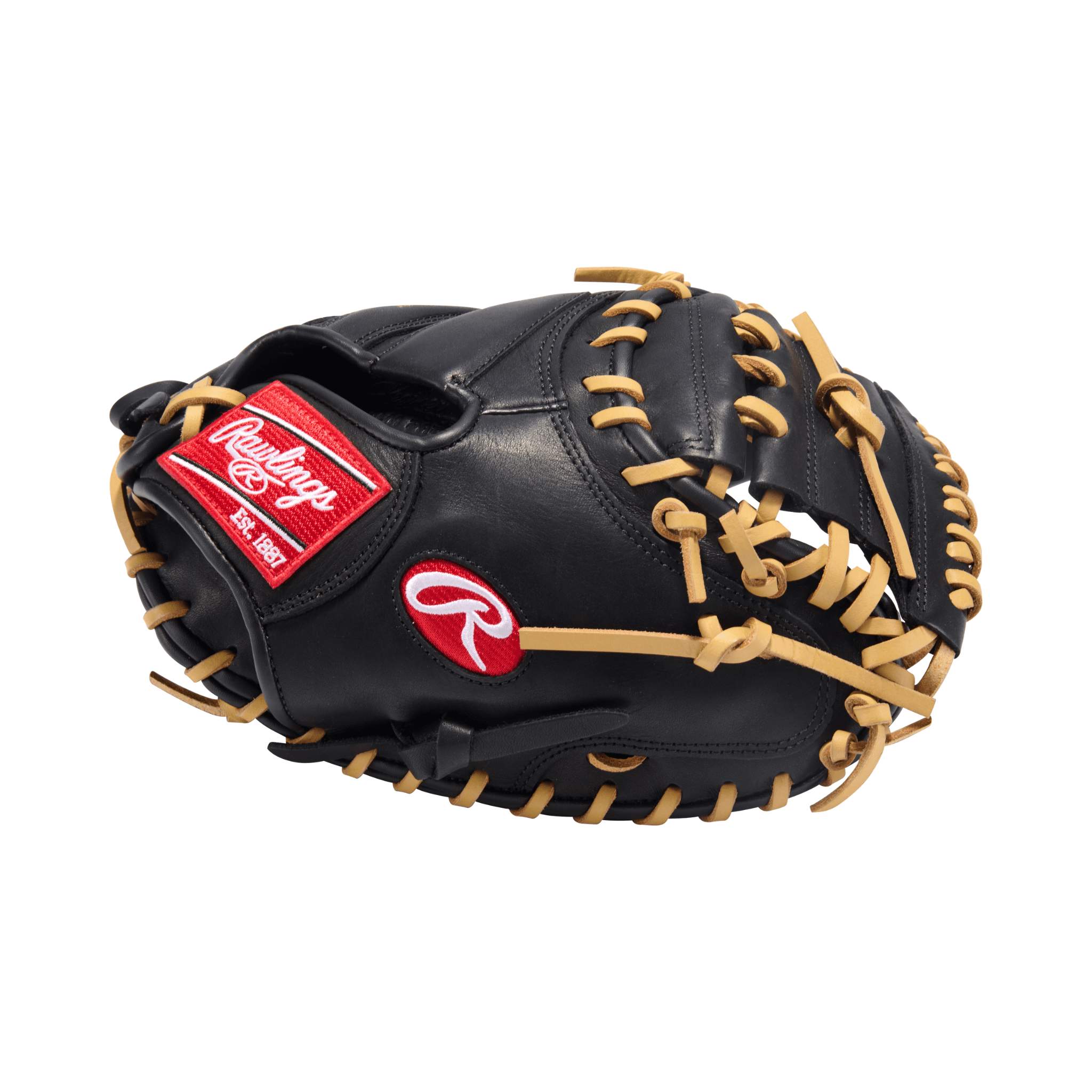 Rawlings R9 Contour Series 32-inch catcher's mitt in black and camel colors, designed for durability and comfort.