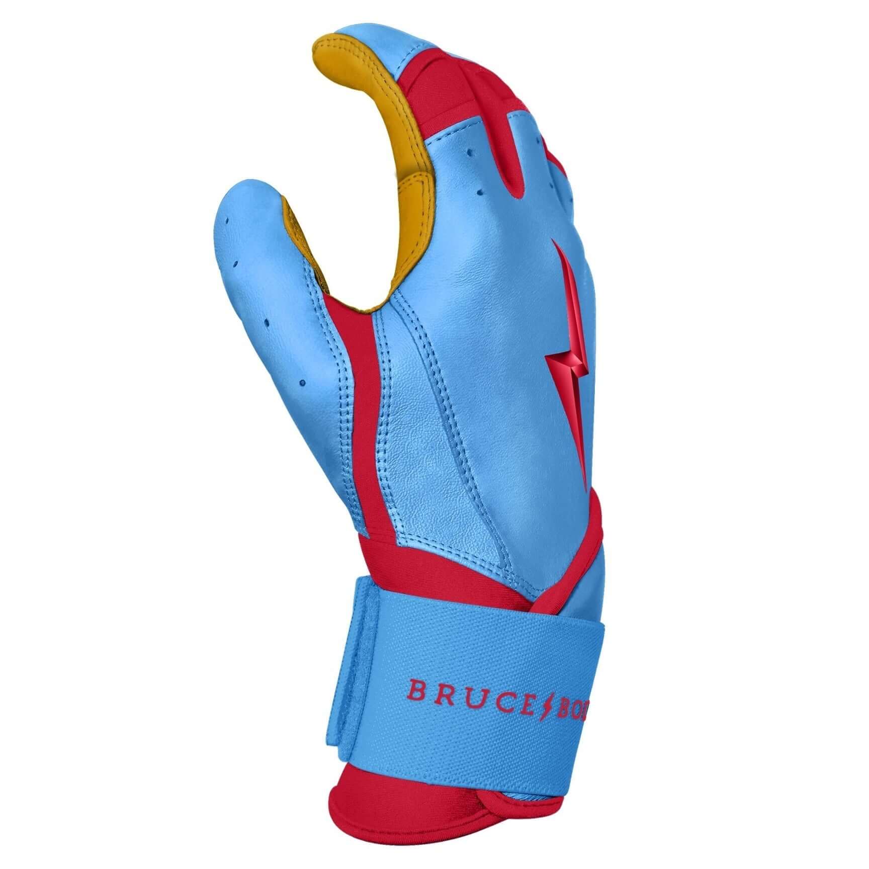 Bruce Bolt Youth Premium Pro Bader Series Long Cuff Batting Gloves in Baby Blue with red accents. Ideal for young athletes.