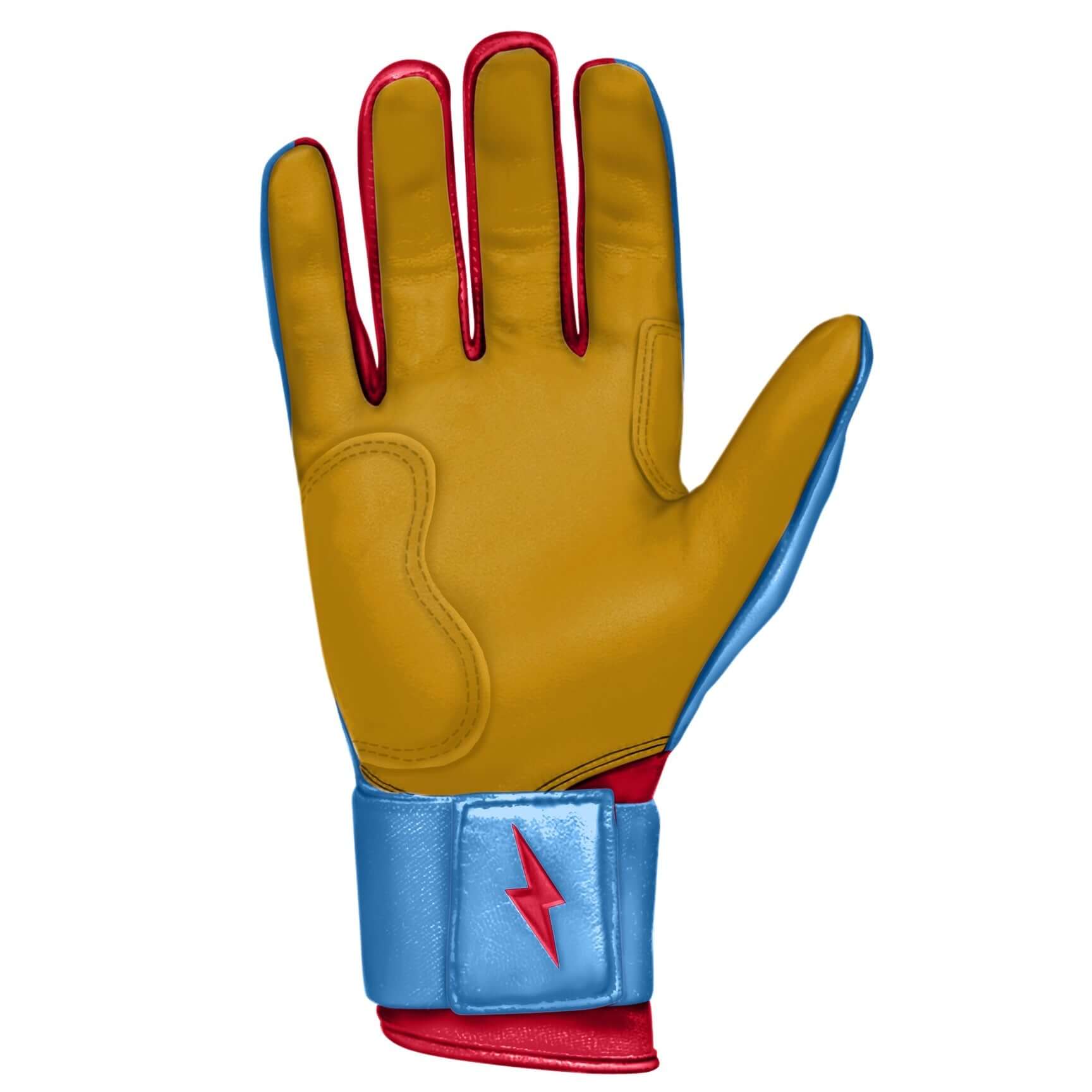 Bruce Bolt Youth Premium Pro Bader Series long cuff batting glove in baby blue and gold with red accents.