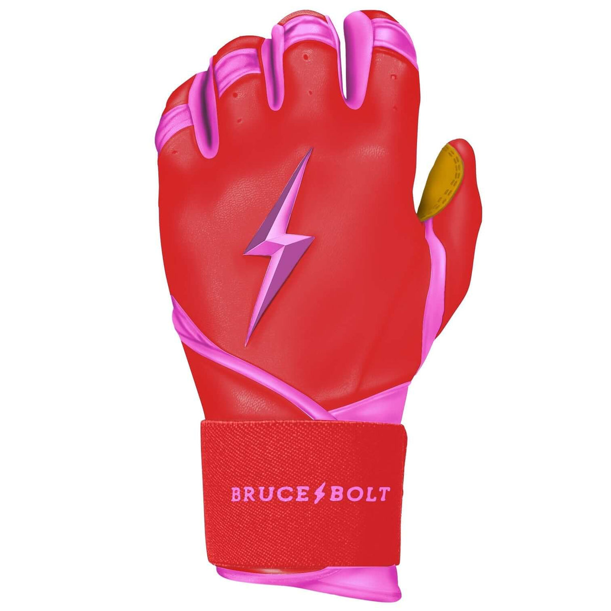 Bruce Bolt Youth Premium Pro Bader Series Long Cuff Batting Gloves in vibrant pink and red with lightning bolt design.