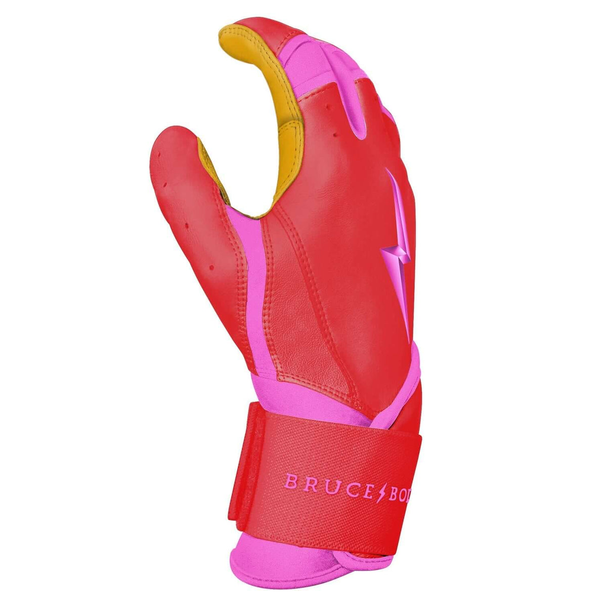 Bruce Bolt Youth Premium Pro Bader Series Long Cuff Batting Gloves in striking pink with stylish design and secure wrist strap.