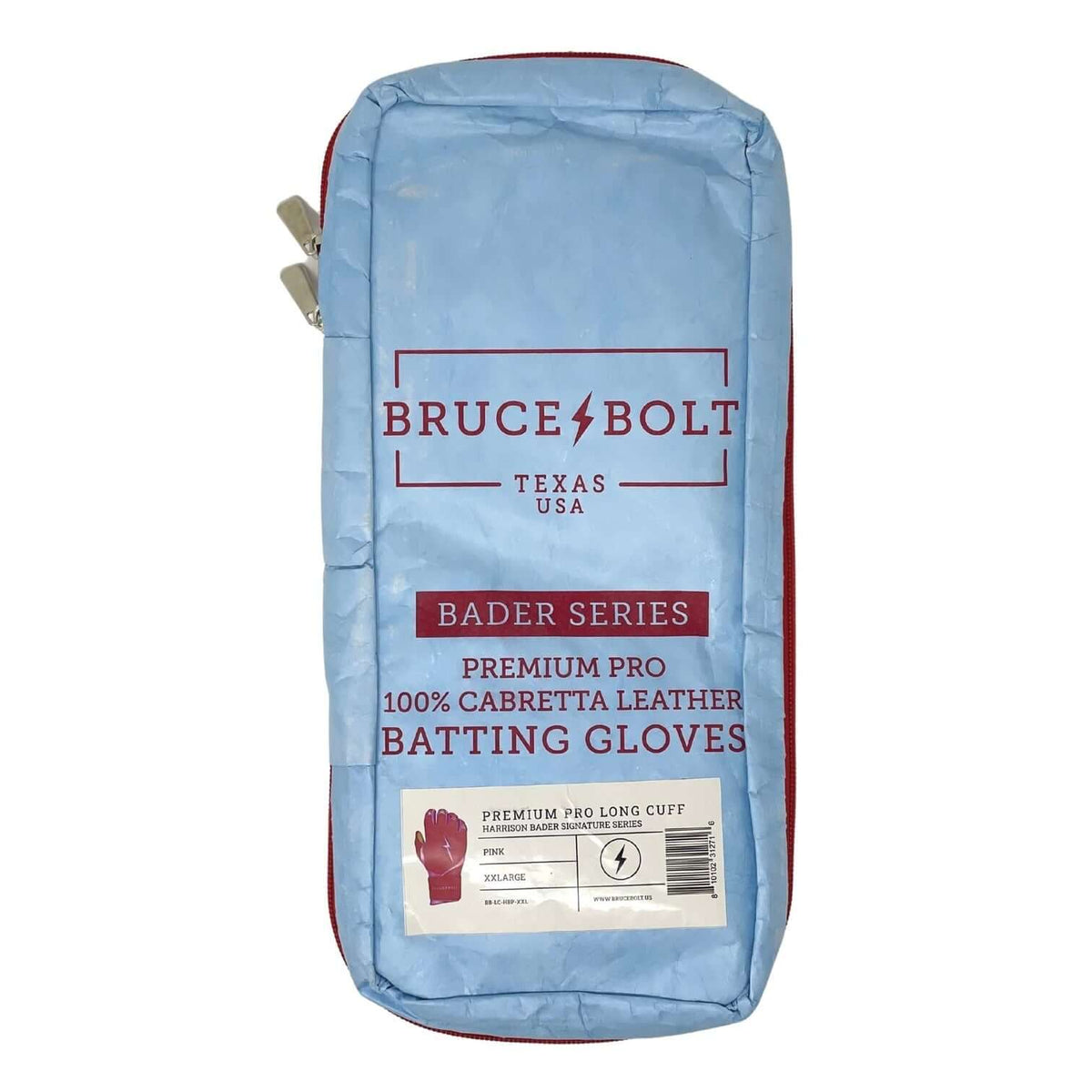 Bruce Bolt Bader Series Premium Pro Long Cuff Batting Gloves packaging in blue, featuring 100% cabretta leather.