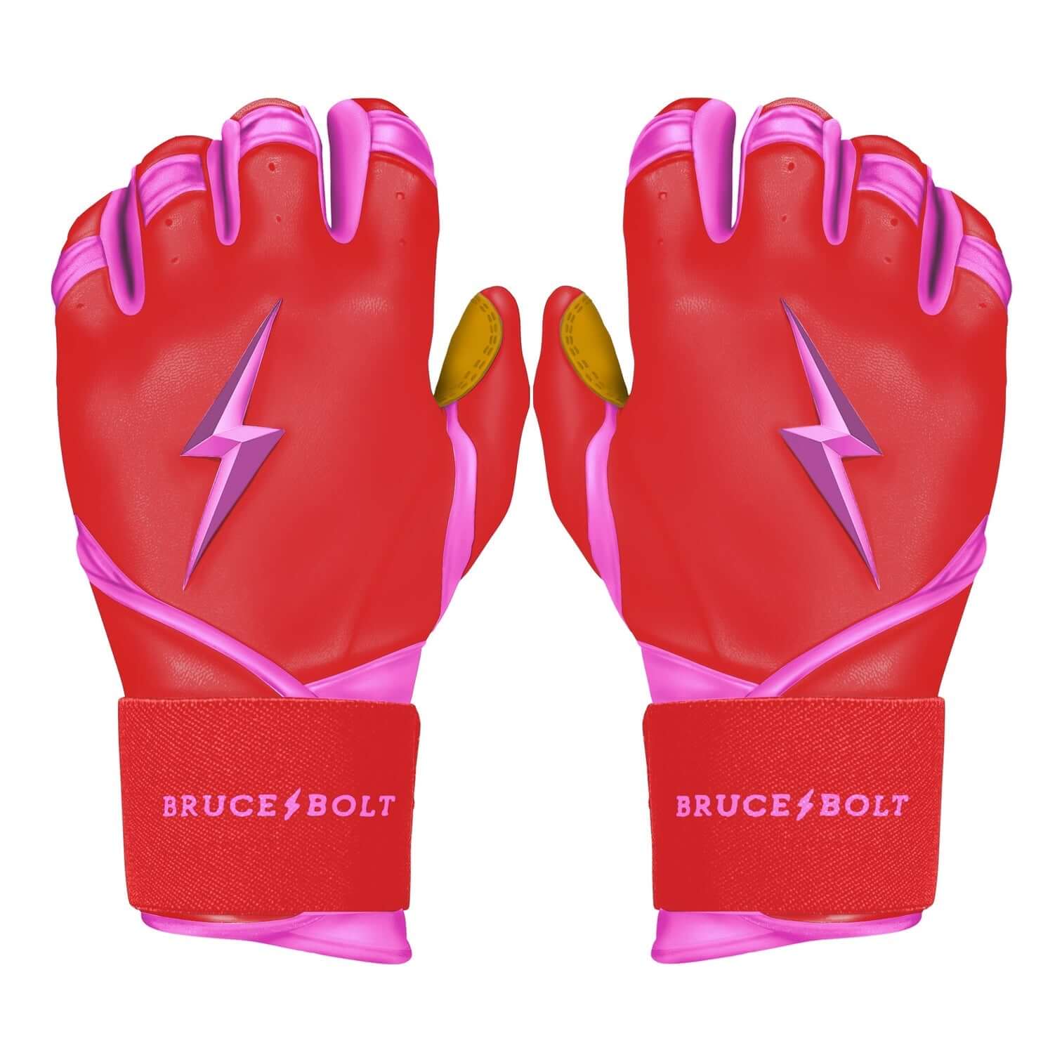 Bruce Bolt Premium Pro Bader Series Long Cuff Batting Gloves in pink and red with unique design and branding.